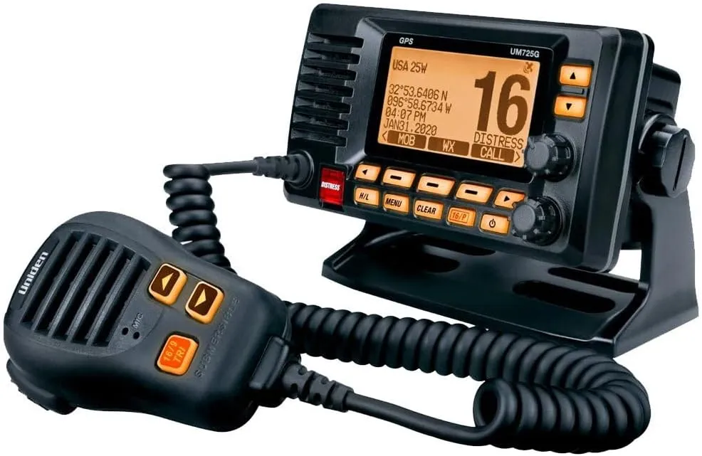 Uniden UM725GBT Marine VHF Radio, All USA, Canada, and Intl. Marine Channels, 1Watt/25Watt Transmit Power, Largest LCD Screen in Class, NOAA Weather Channels, Speaker Mic, GPS Built-in, and Bluetooth