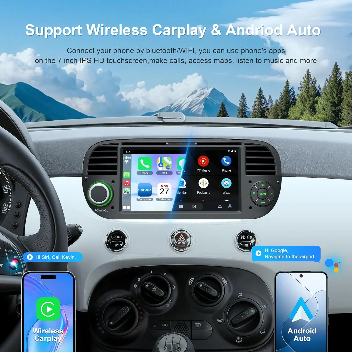 Upgrade Car Stereo for Fiat 500 2007-2015 with Wireless Carplay & Android Auto, 7" Touch Screen Fiat Stereo with Voice Control/Bluetooth 5.2/GPS/WiFi/DSP/FM/Backup Camera/SWC