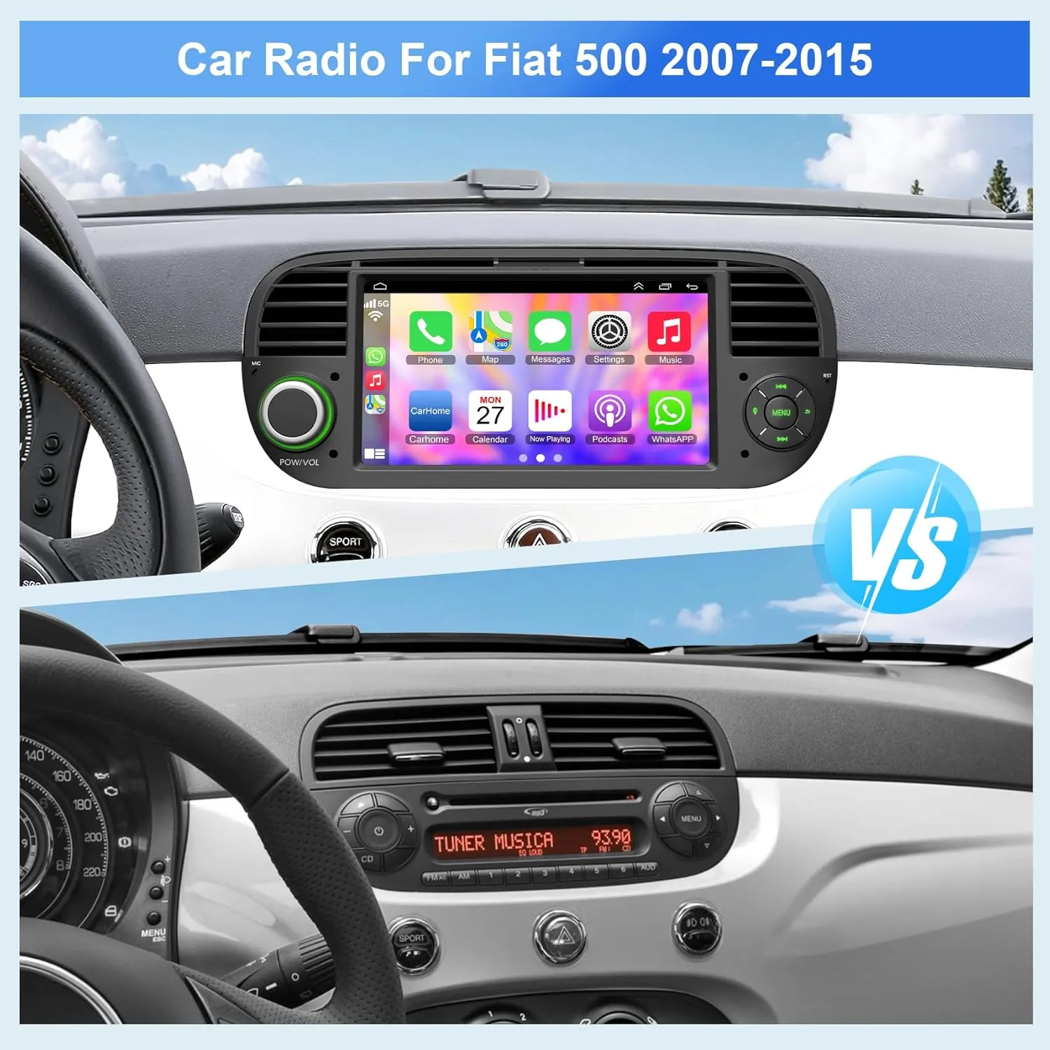 Upgrade Car Stereo for Fiat 500 2007-2015 with Wireless Carplay & Android Auto, 7" Touch Screen Fiat Stereo with Voice Control/Bluetooth 5.2/GPS/WiFi/DSP/FM/Backup Camera/SWC
