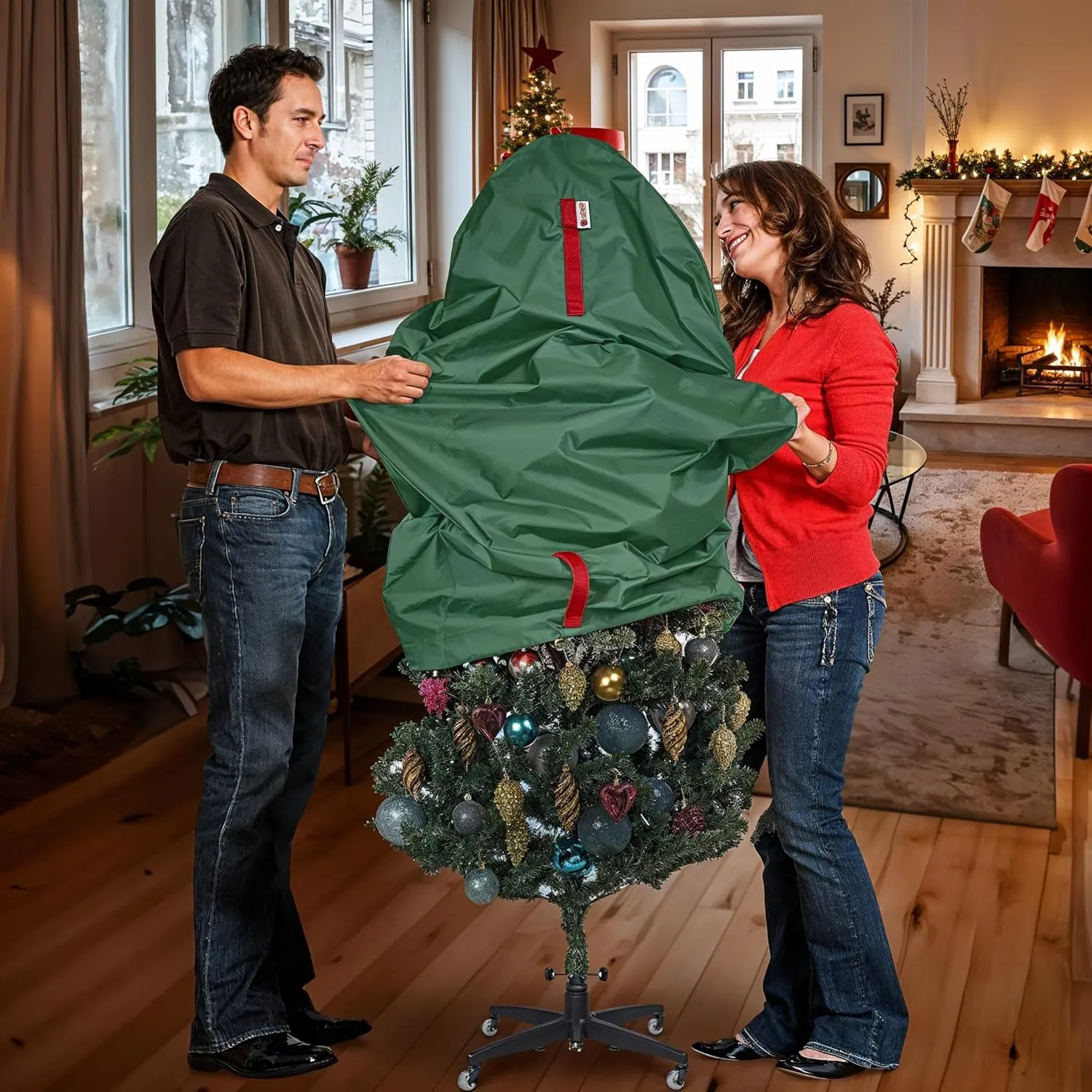 Upright Christmas Tree Storage Bag - Holiday Cover for 3 ft Trees or Topiary - Durable, Lightweight, Convenient, Vertical Xmas Storage (Green)