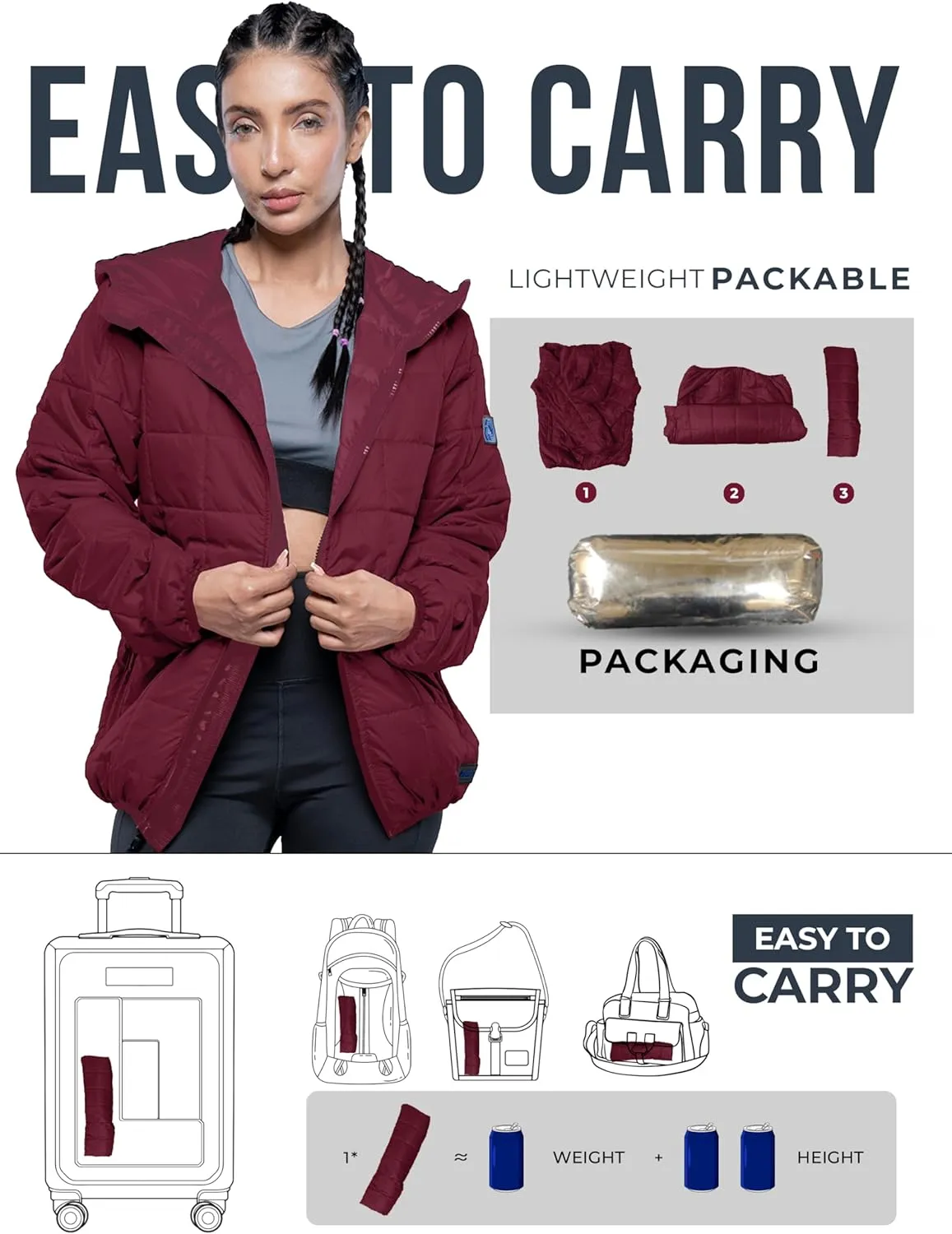 URBAN BUCK Packable Puffer Jacket Women with Hood – 32 Degree Lightweight Quilted Winter Puff Foldable Jacket for Women