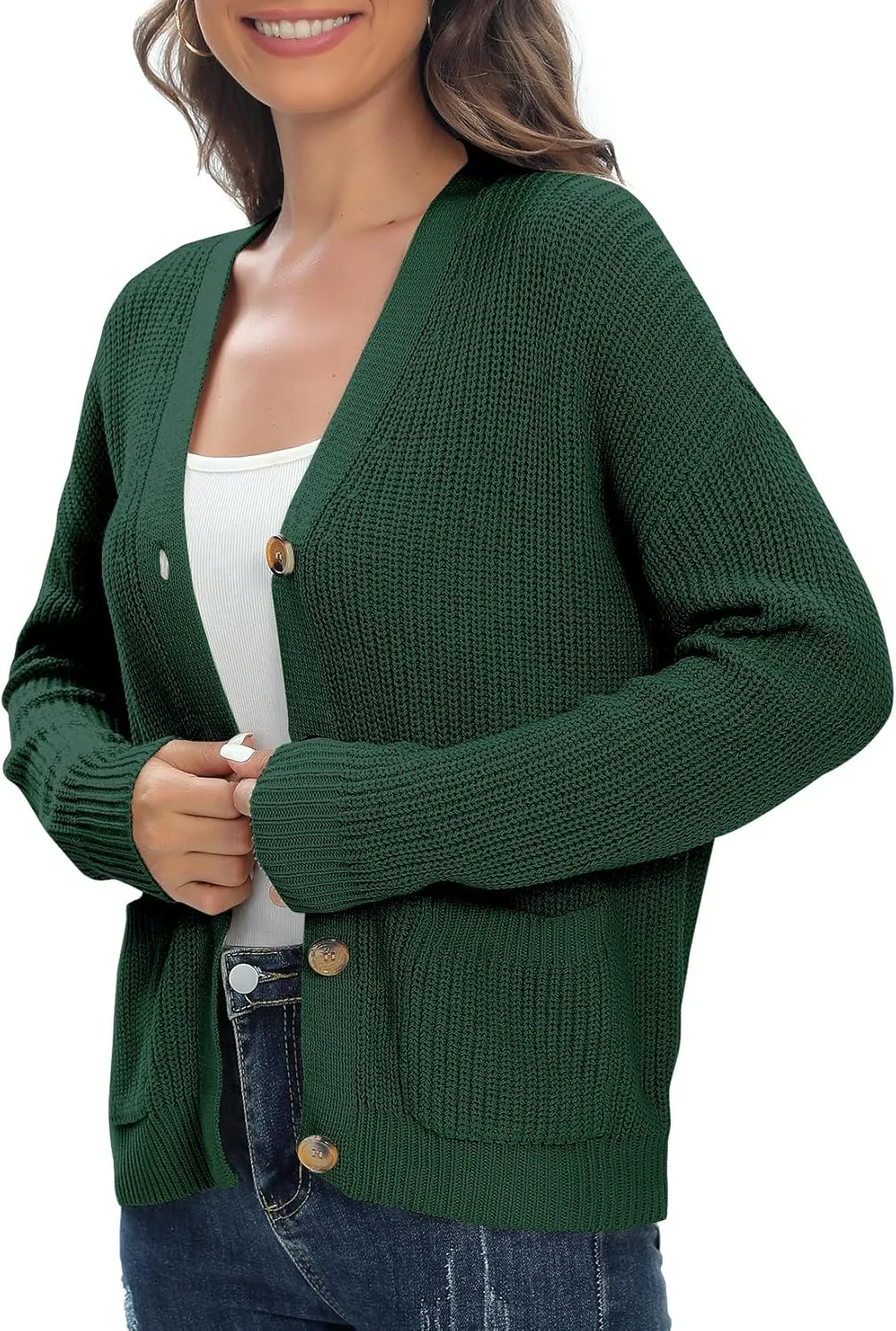 Urban CoCo Women's Lightweight Knit Open Front V-Neck Long Sleeve Button Down Casual Cardigan with Pockets