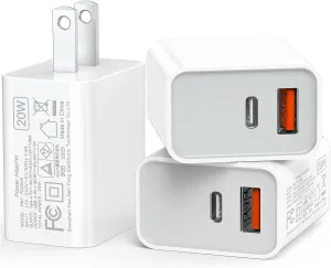 USB C Wall Charger Block 20W, 3-Pack Dual Port PD Power Delivery Fast Type C Charging Block Plug Adapter for iPhone 16/15/14/13/12/11 /Pro Max, XS/XR/X, iPad Pro, AirPods Pro, Samsung Galaxy(White)