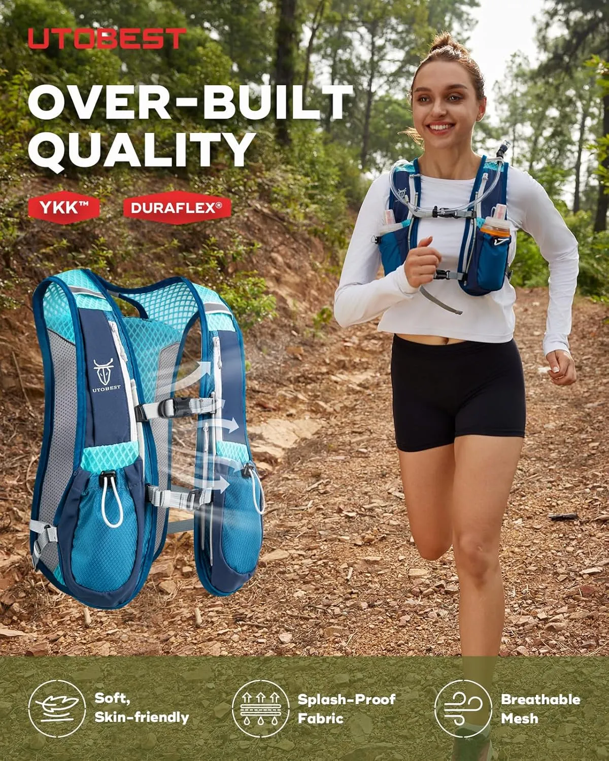 UTOBEST Running Vest, 5L Hydration Vest Lightweight, Breathable and Sweatproof Running Backpack, Adjustable Running Hydration Vest for Trail Running Marathon Race Jogging Cycling