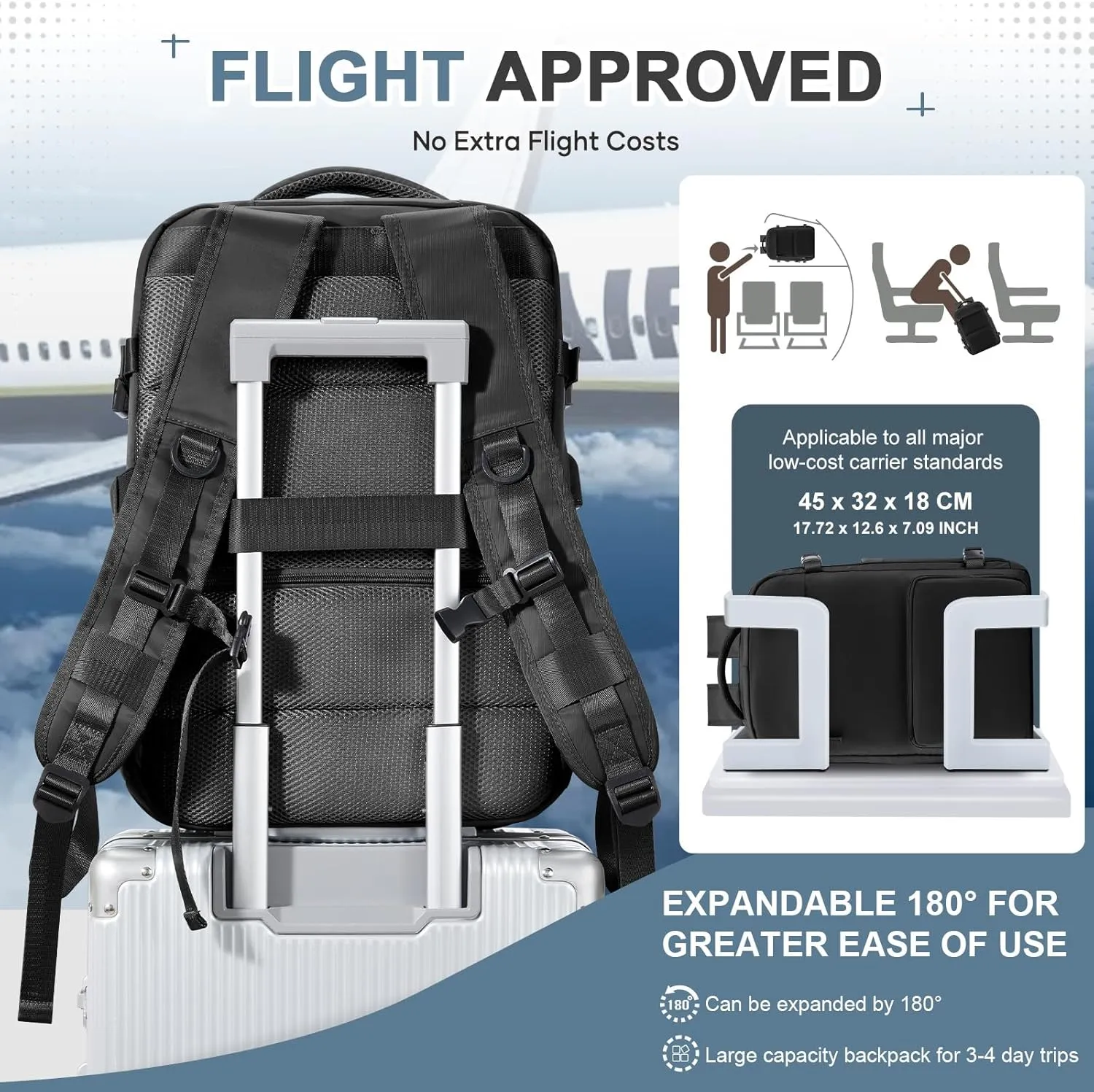 Vacuum Backpack Travel Backpack with Compression, Men Women Vacuum Backpacks with Air Pump, Carry on Bag Flight Approved Personal Item Size - Black