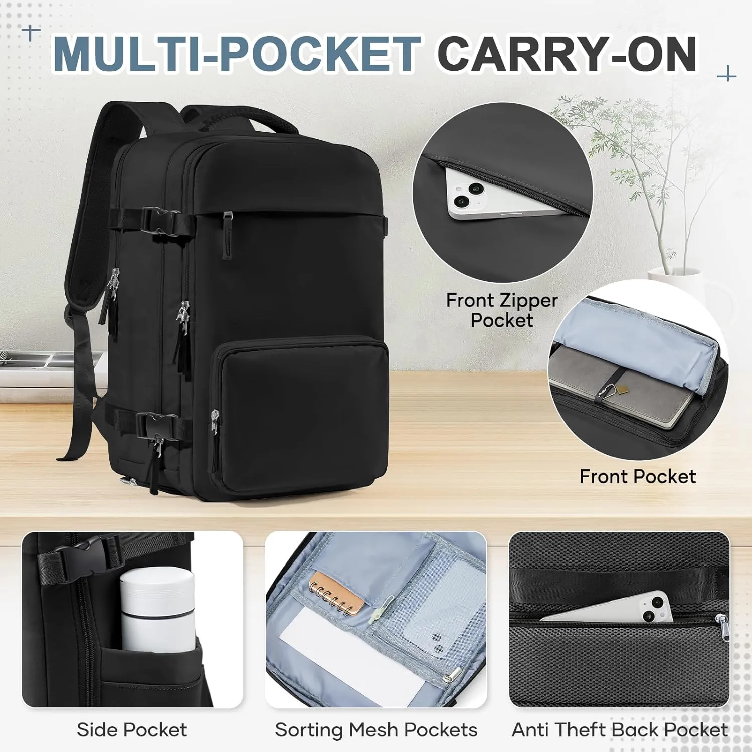 Vacuum Backpack Travel Backpack with Compression, Men Women Vacuum Backpacks with Air Pump, Carry on Bag Flight Approved Personal Item Size - Black