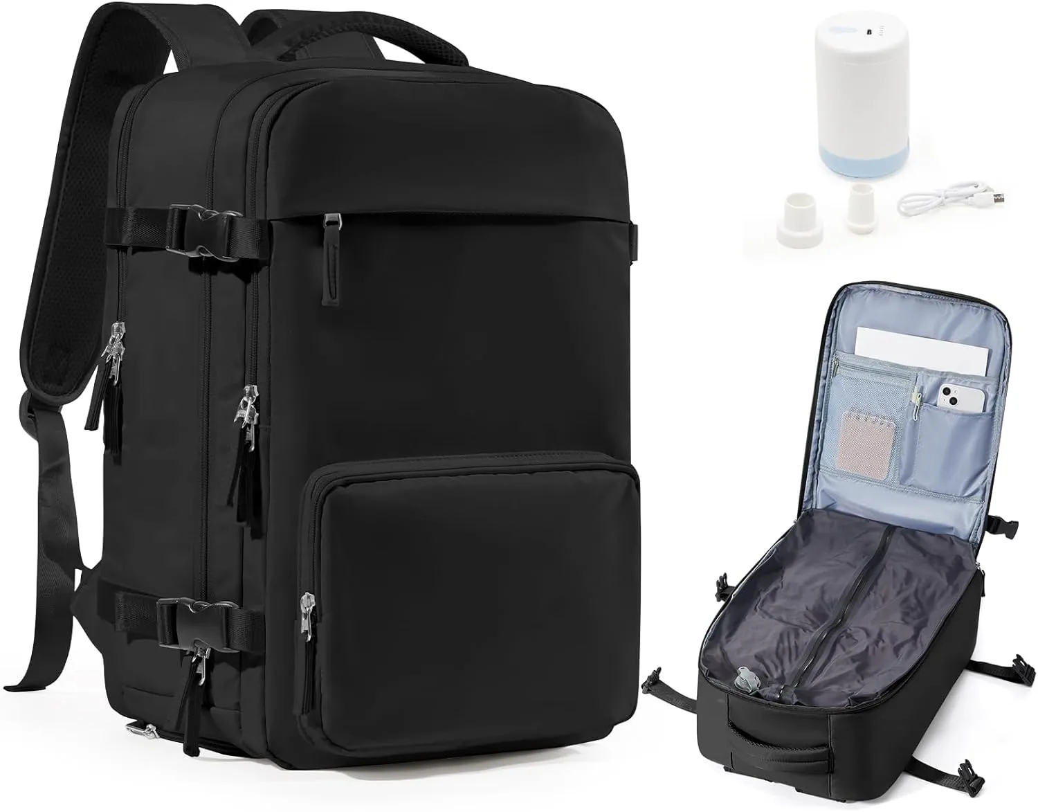 Vacuum Backpack Travel Backpack with Compression, Men Women Vacuum Backpacks with Air Pump, Carry on Bag Flight Approved Personal Item Size - Black