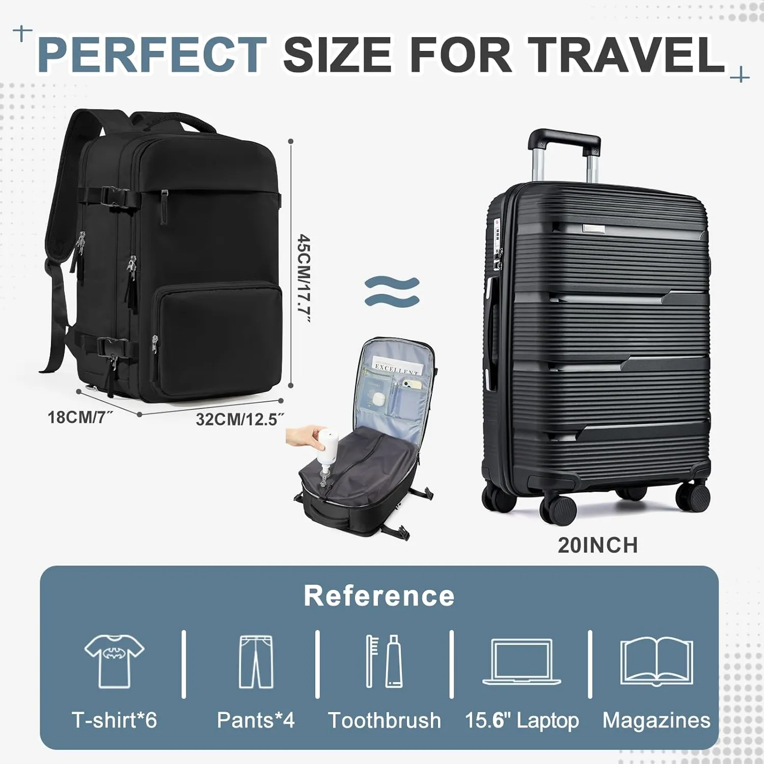 Vacuum Backpack Travel Backpack with Compression, Men Women Vacuum Backpacks with Air Pump, Carry on Bag Flight Approved Personal Item Size - Black