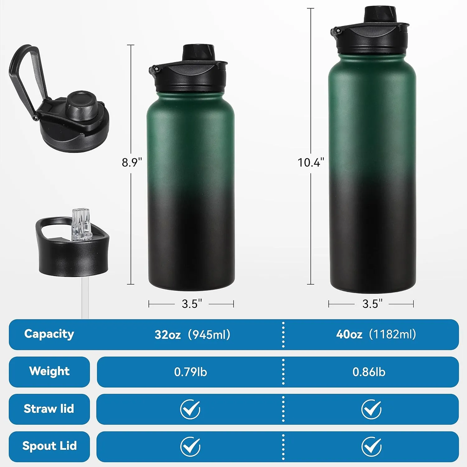 VEGOND 32 oz Insulated Water Bottle Stainless Steel Metal Water Bottles with Leak Proof Straw Lid & Spout Lid, Wide Mouth Double Walled Vacuum Travel Sports Bottle, Dark Green Black