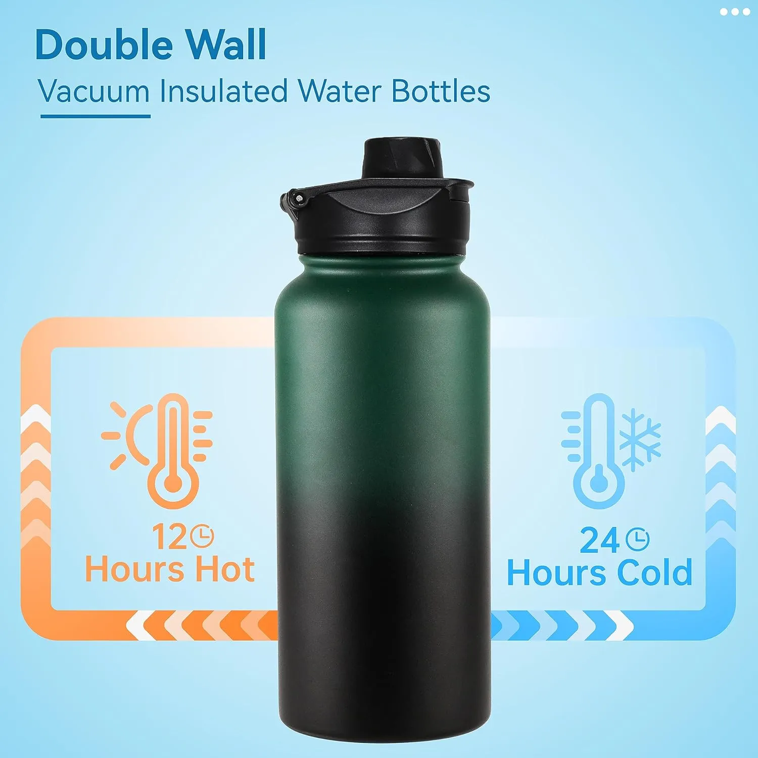 VEGOND 32 oz Insulated Water Bottle Stainless Steel Metal Water Bottles with Leak Proof Straw Lid & Spout Lid, Wide Mouth Double Walled Vacuum Travel Sports Bottle, Dark Green Black