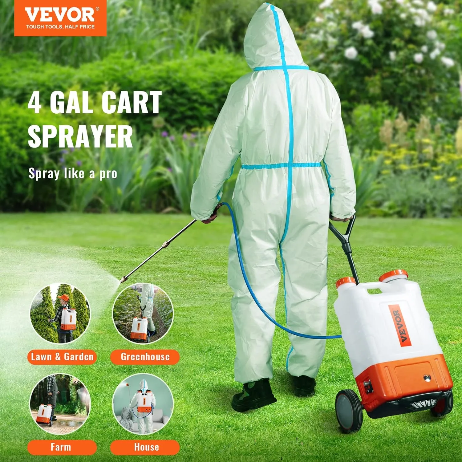 VEVOR 4 Gallon Battery Powered Backpack Sprayer with Wheeled Cart, Adjustable 0-94 PSI, 13FT Hose, 6 Nozzles, 2 Wands Included, Wide Mouth Lid for Weeding, Cleaning, Long Spray Time, White Orange