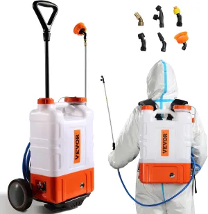 VEVOR 4 Gallon Battery Powered Backpack Sprayer with Wheeled Cart, Adjustable 0-94 PSI, 13FT Hose, 6 Nozzles, 2 Wands Included, Wide Mouth Lid for Weeding, Cleaning, Long Spray Time, White Orange