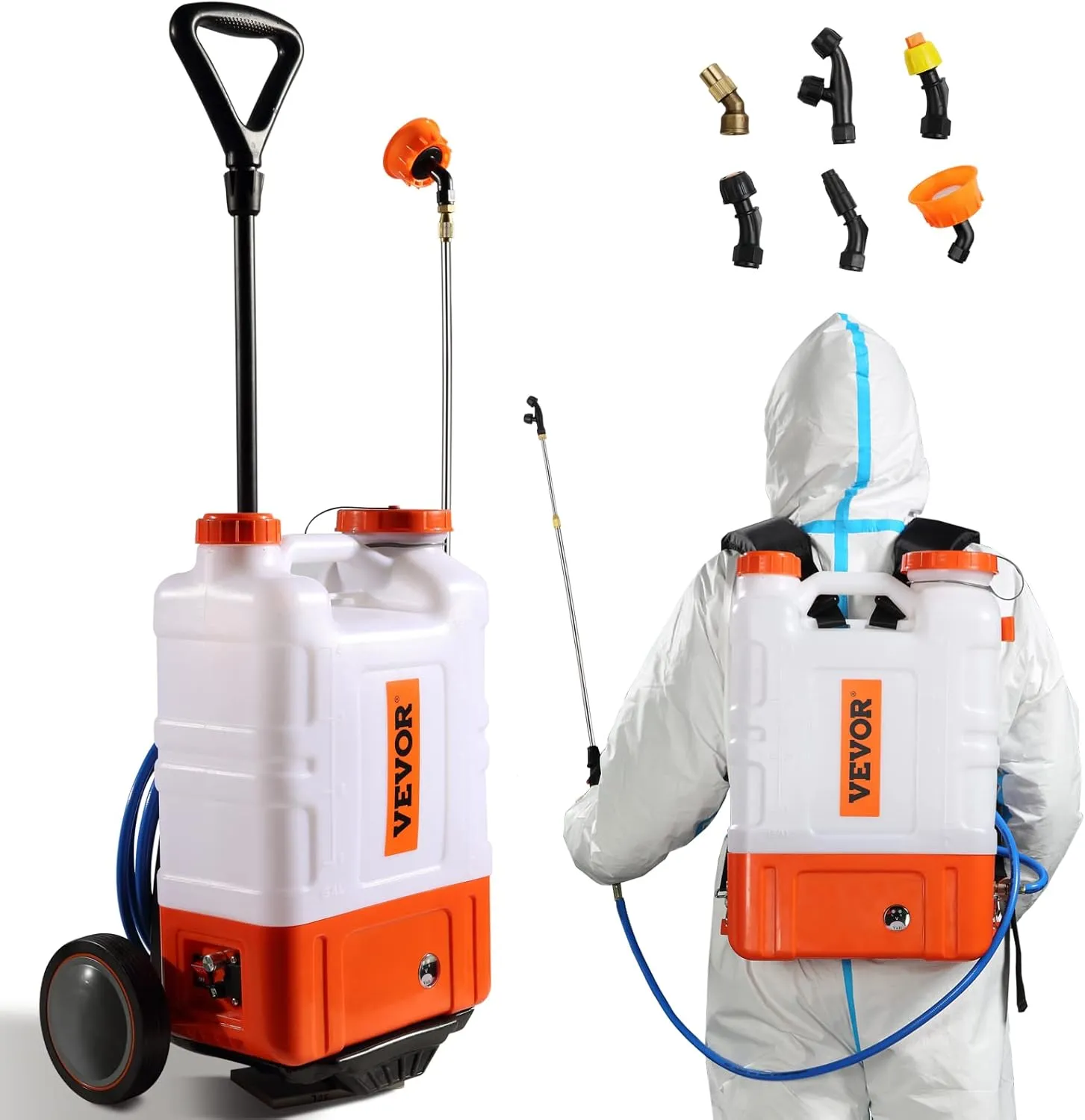 VEVOR 4 Gallon Battery Powered Backpack Sprayer with Wheeled Cart, Adjustable 0-94 PSI, 13FT Hose, 6 Nozzles, 2 Wands Included, Wide Mouth Lid for Weeding, Cleaning, Long Spray Time, White Orange