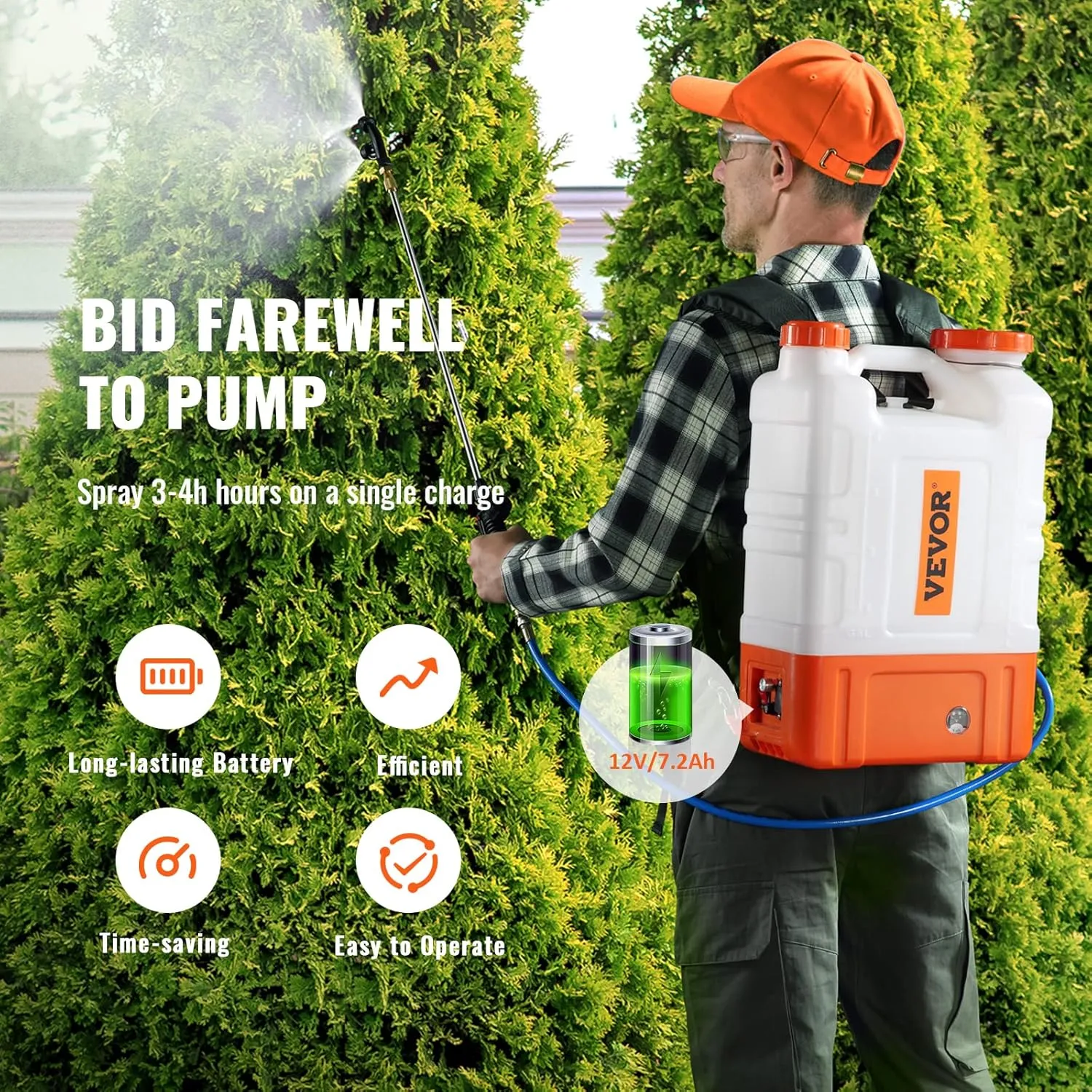 VEVOR 4 Gallon Battery Powered Backpack Sprayer with Wheeled Cart, Adjustable 0-94 PSI, 13FT Hose, 6 Nozzles, 2 Wands Included, Wide Mouth Lid for Weeding, Cleaning, Long Spray Time, White Orange