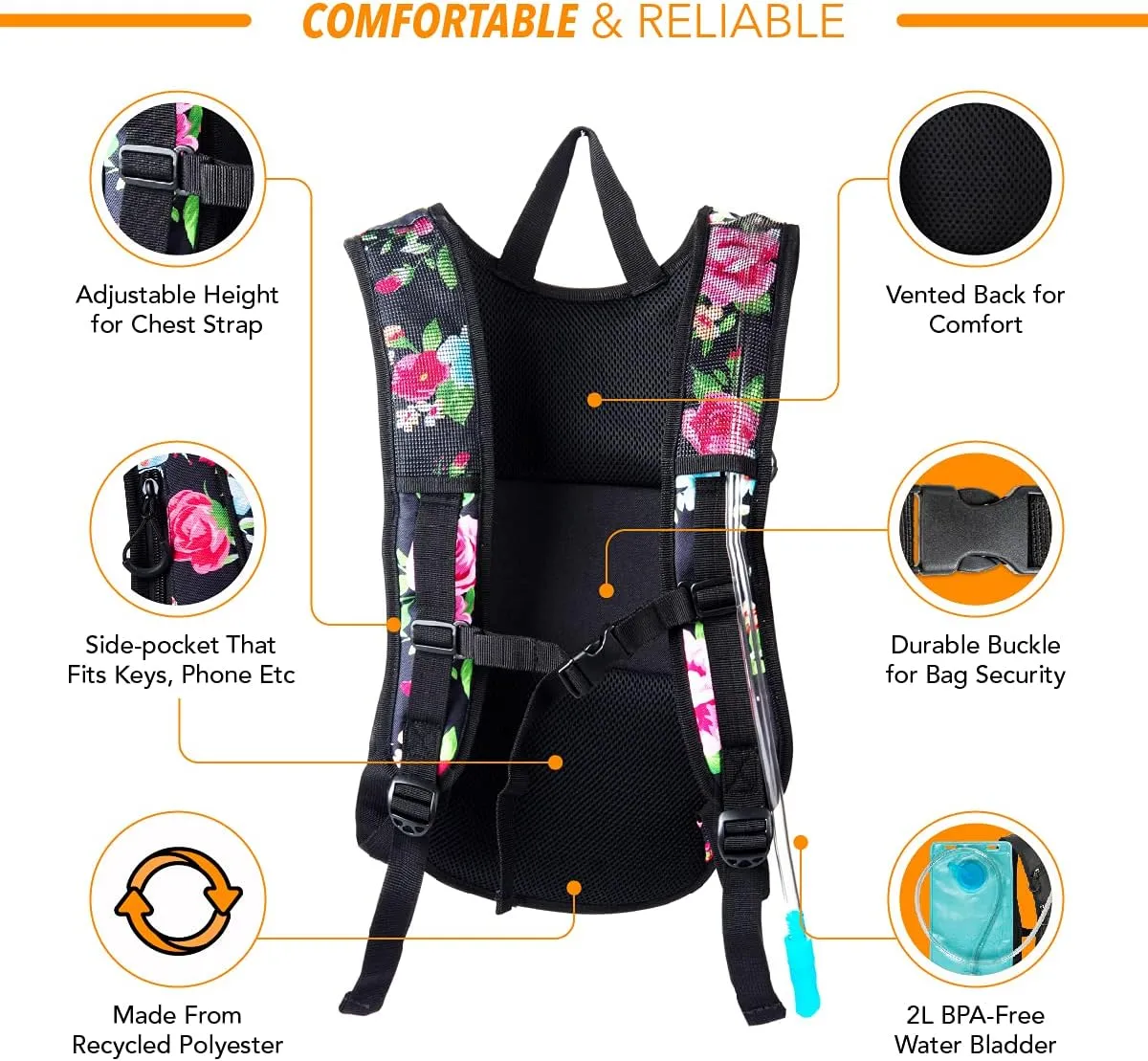 Vibe Festival Gear Hydration Pack Backpack with 2L Water Bladder for Women, Men, Teens, Kids - Hydropack Hydro Sports, Outdoor, Running, Camping, Hiking, Festivals, Raves