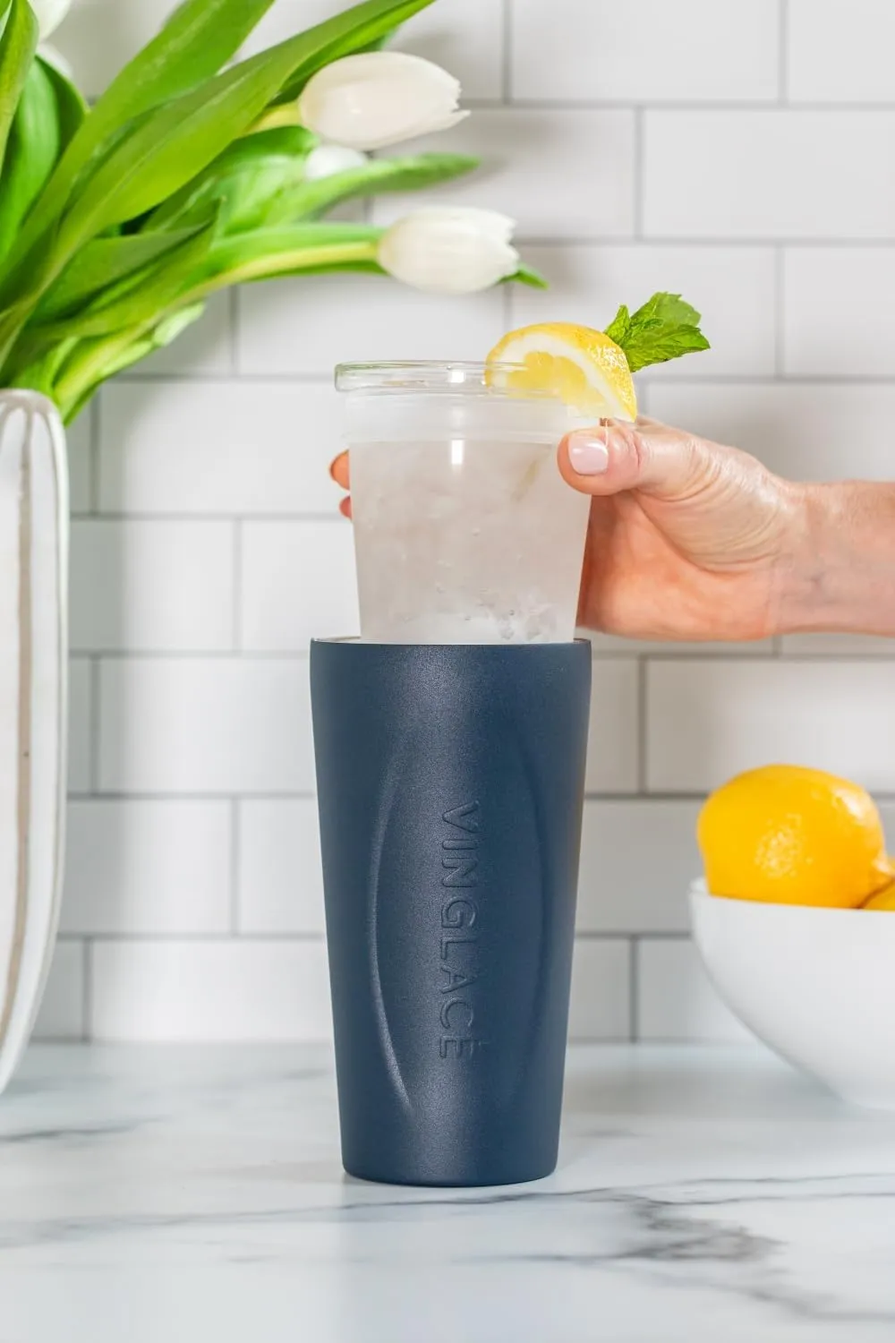 Vinglacé Stainless Steel Drink Tumbler- Insulated Hot and Cold Beverage Cup with Glass Insert and Lid, 14 oz, Navy