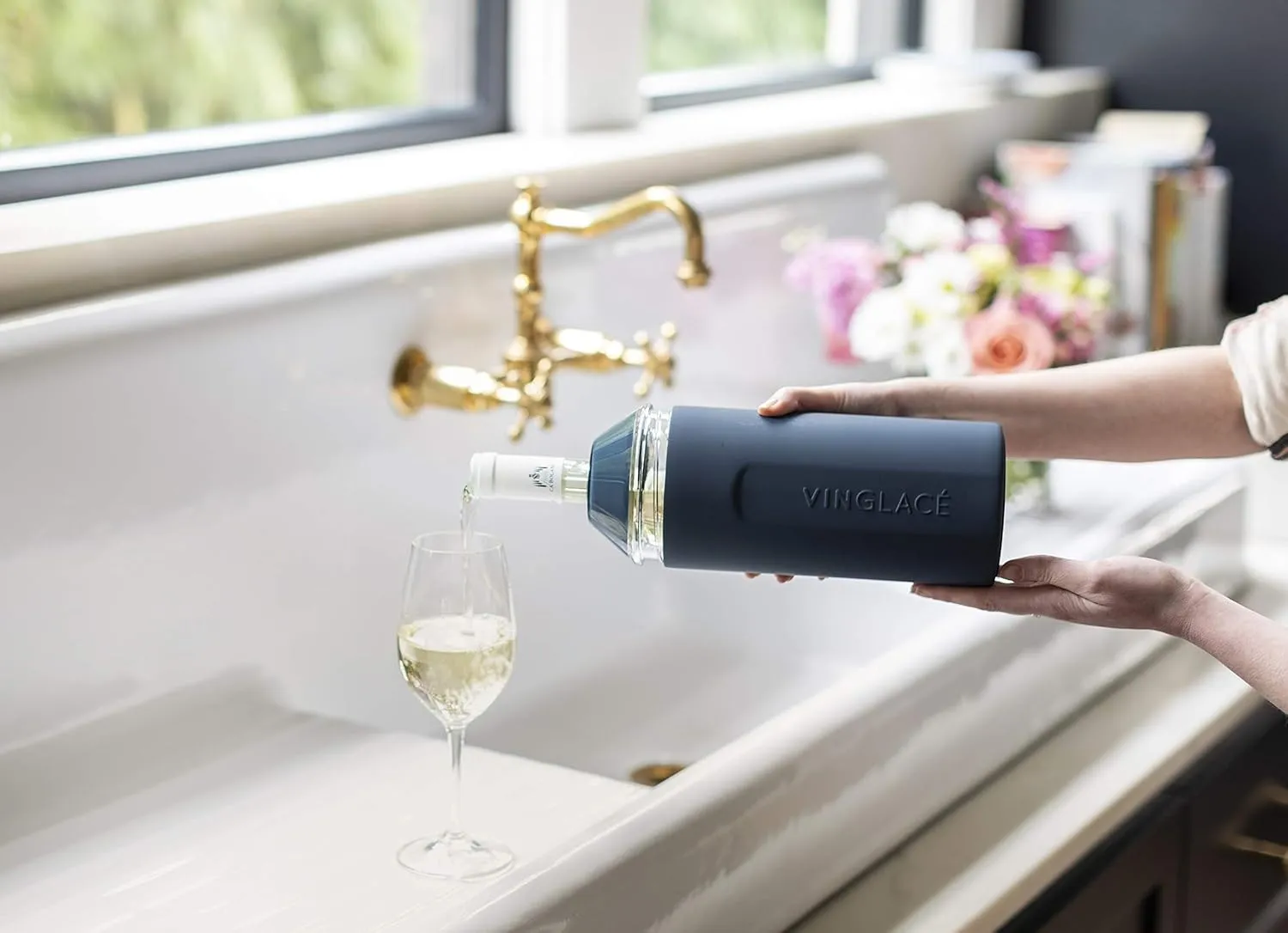 Vinglacé Wine Bottle Chiller- Portable Champagne Insulator- Stainless Steel Wine Cooler Sleeve, Navy