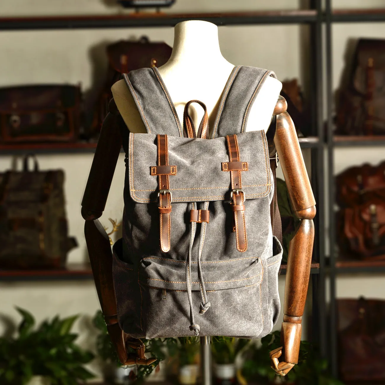 Vintage Canvas Backpack with Leather Straps - Durable & Stylish
