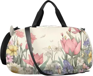 Vintage Spring Flowers Kids Overnight Duffle Bag,Gymnastics Sports Dance Bag with Shoe Compartment & Wet Pocket, Travel Weekender Tote for Boys & Girls