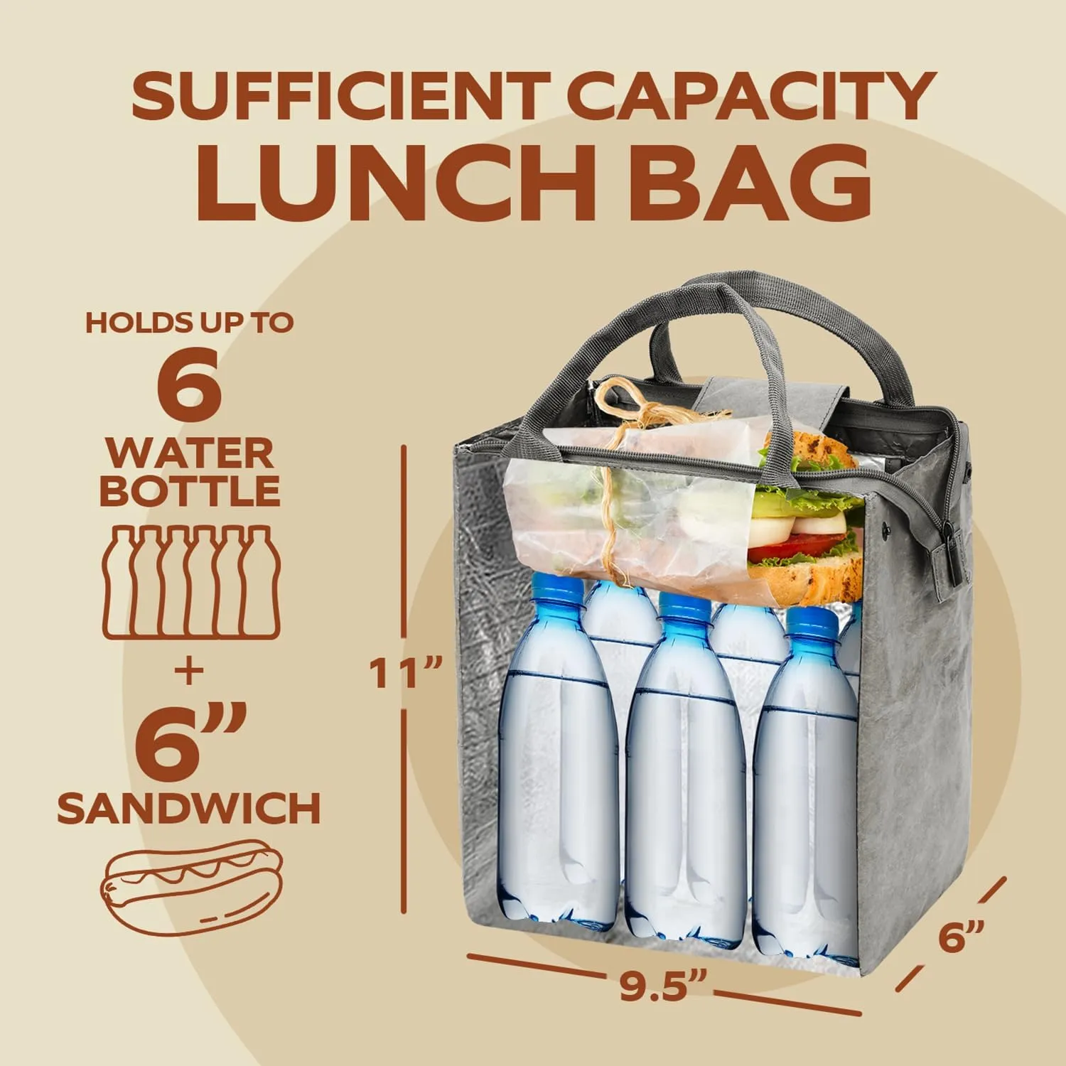VonNova Insulated Lunch Box for Women, 7L Capacity, Leakproof Lunch Tote Bag, Durable Lunchbox made from Tyvek Material, Adult Cooler Bag for Work, Picnic, Travel and more (Grey)