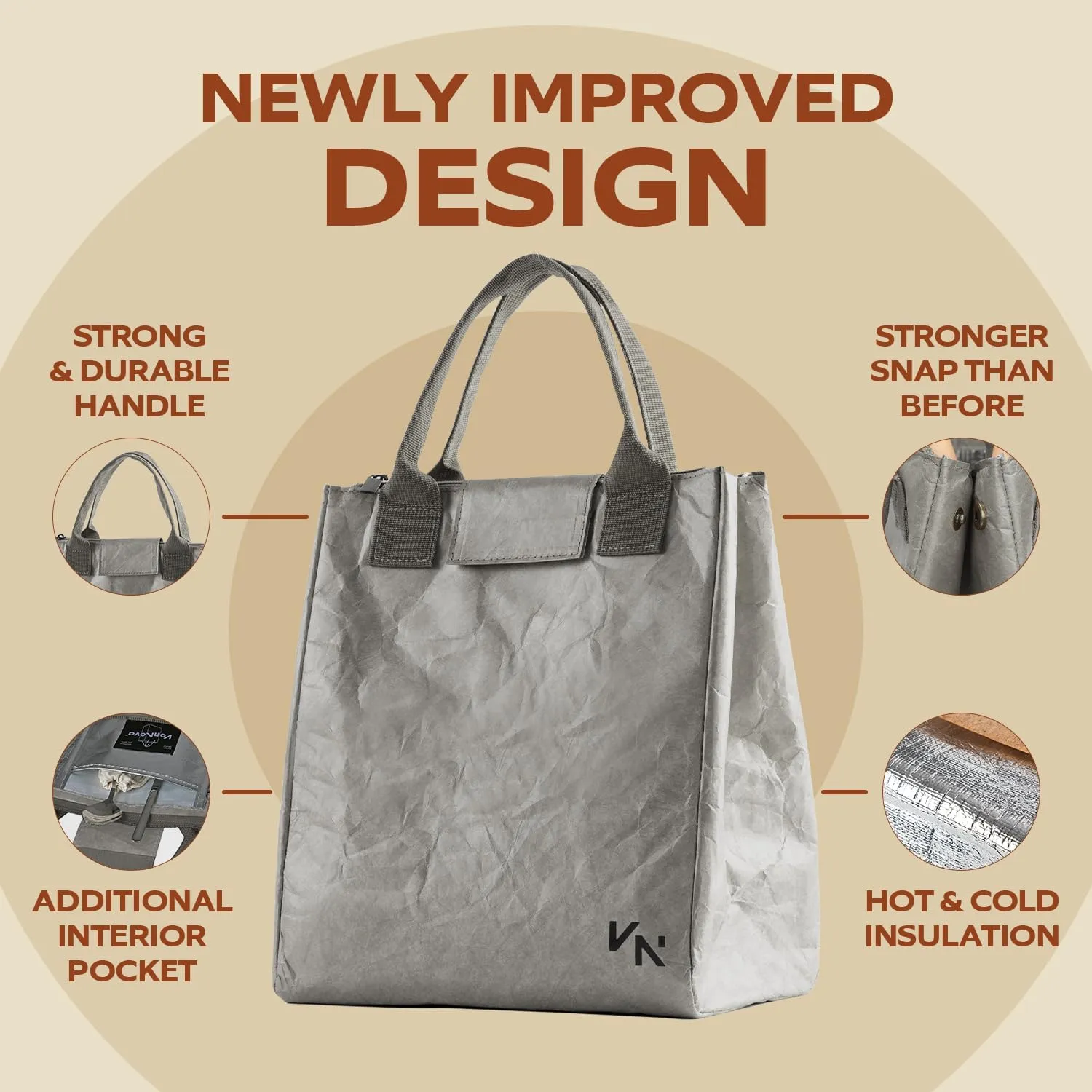 VonNova Insulated Lunch Box for Women, 7L Capacity, Leakproof Lunch Tote Bag, Durable Lunchbox made from Tyvek Material, Adult Cooler Bag for Work, Picnic, Travel and more (Grey)