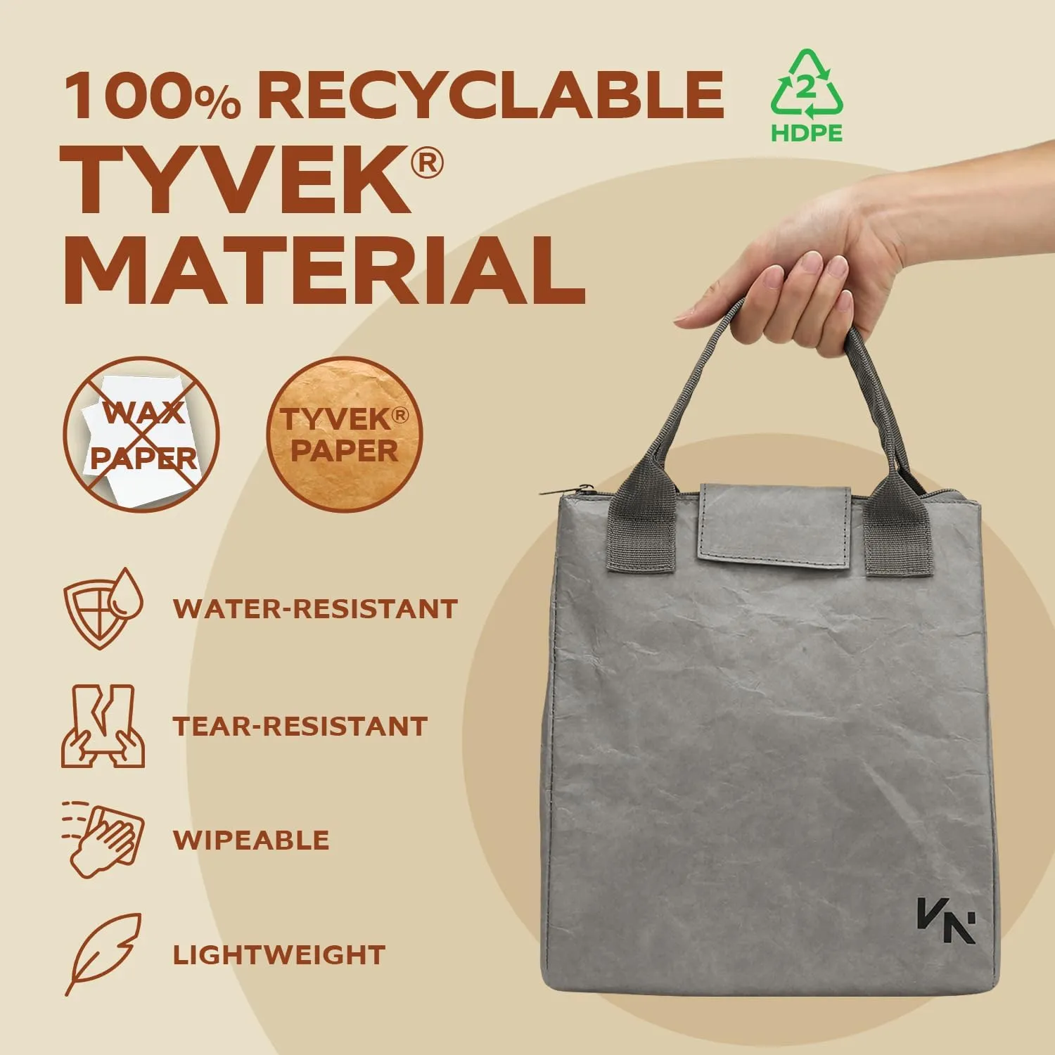 VonNova Insulated Lunch Box for Women, 7L Capacity, Leakproof Lunch Tote Bag, Durable Lunchbox made from Tyvek Material, Adult Cooler Bag for Work, Picnic, Travel and more (Grey)