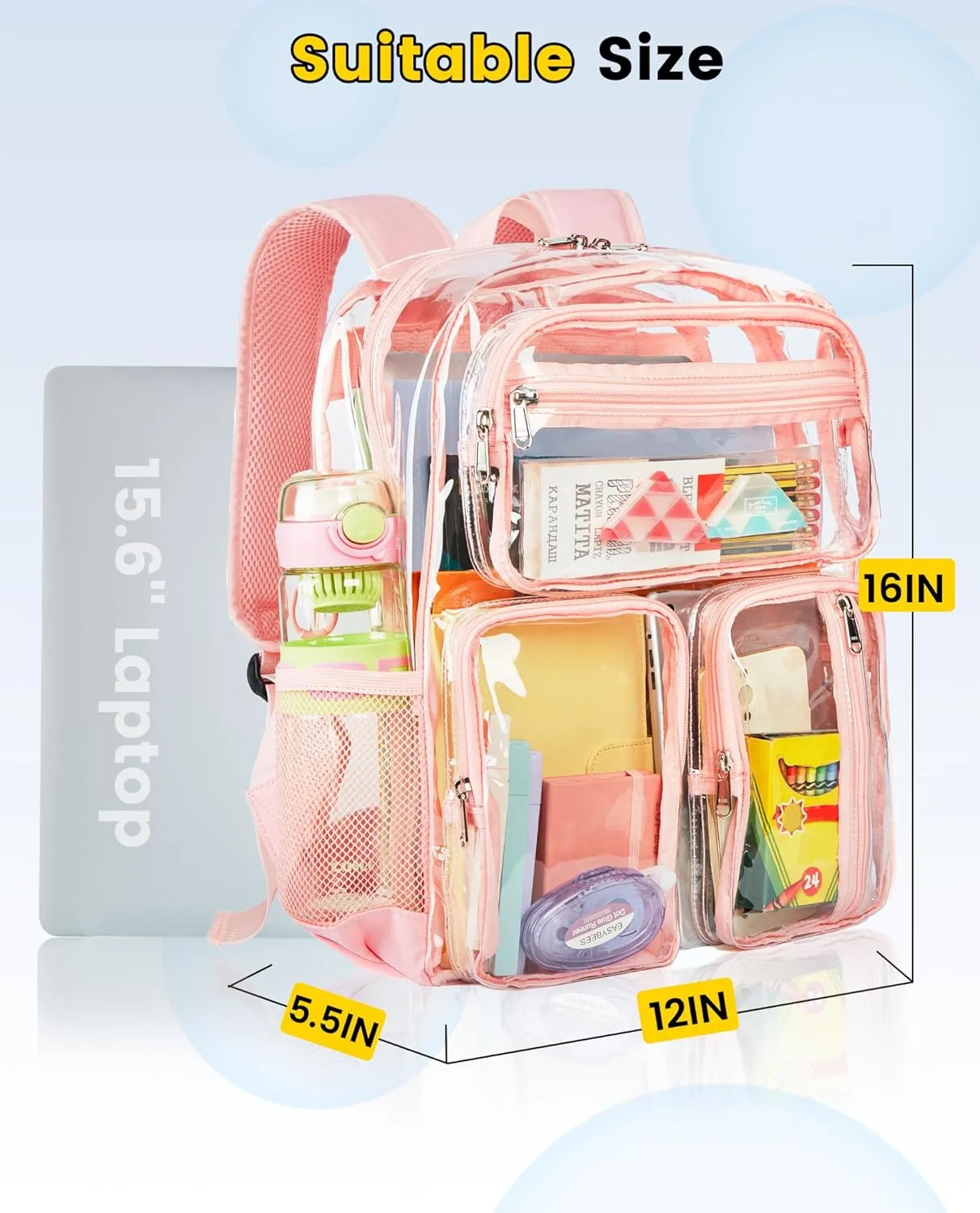 Vorspack Clear Backpack Heavy Duty - Multi-pockets Clear Bookbag Transparent See Through Backpacks for College Work Festival - Pink