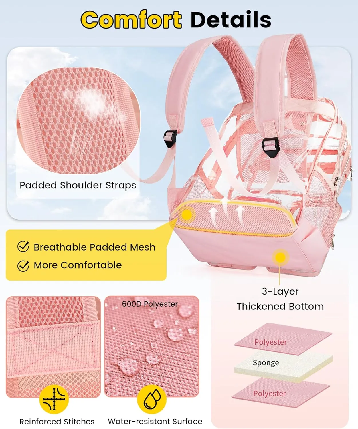 Vorspack Clear Backpack Heavy Duty - Multi-pockets Clear Bookbag Transparent See Through Backpacks for College Work Festival - Pink