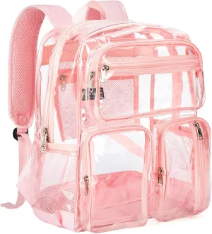 Vorspack Clear Backpack Heavy Duty - Multi-pockets Clear Bookbag Transparent See Through Backpacks for College Work Festival - Pink