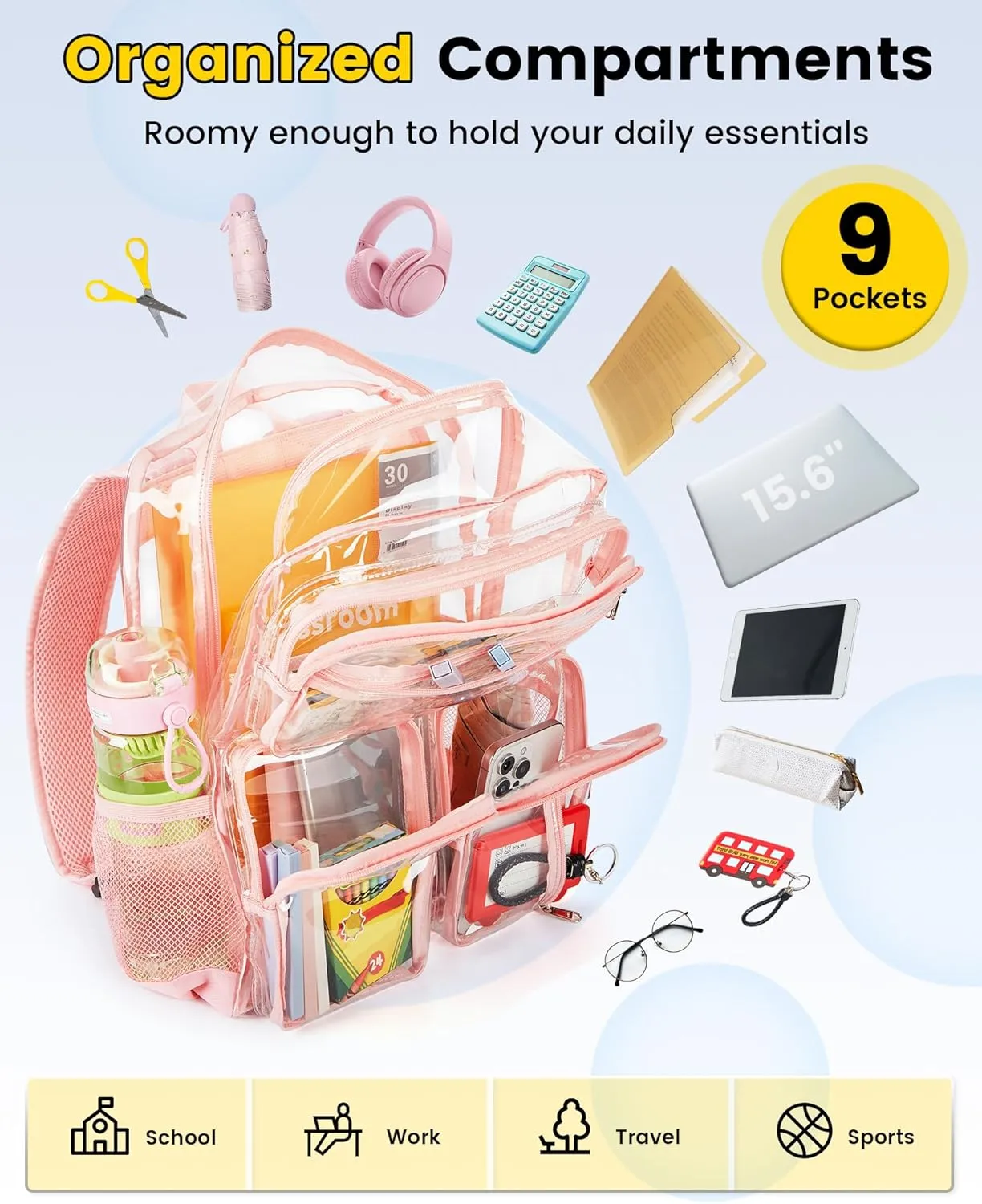 Vorspack Clear Backpack Heavy Duty - Multi-pockets Clear Bookbag Transparent See Through Backpacks for College Work Festival - Pink