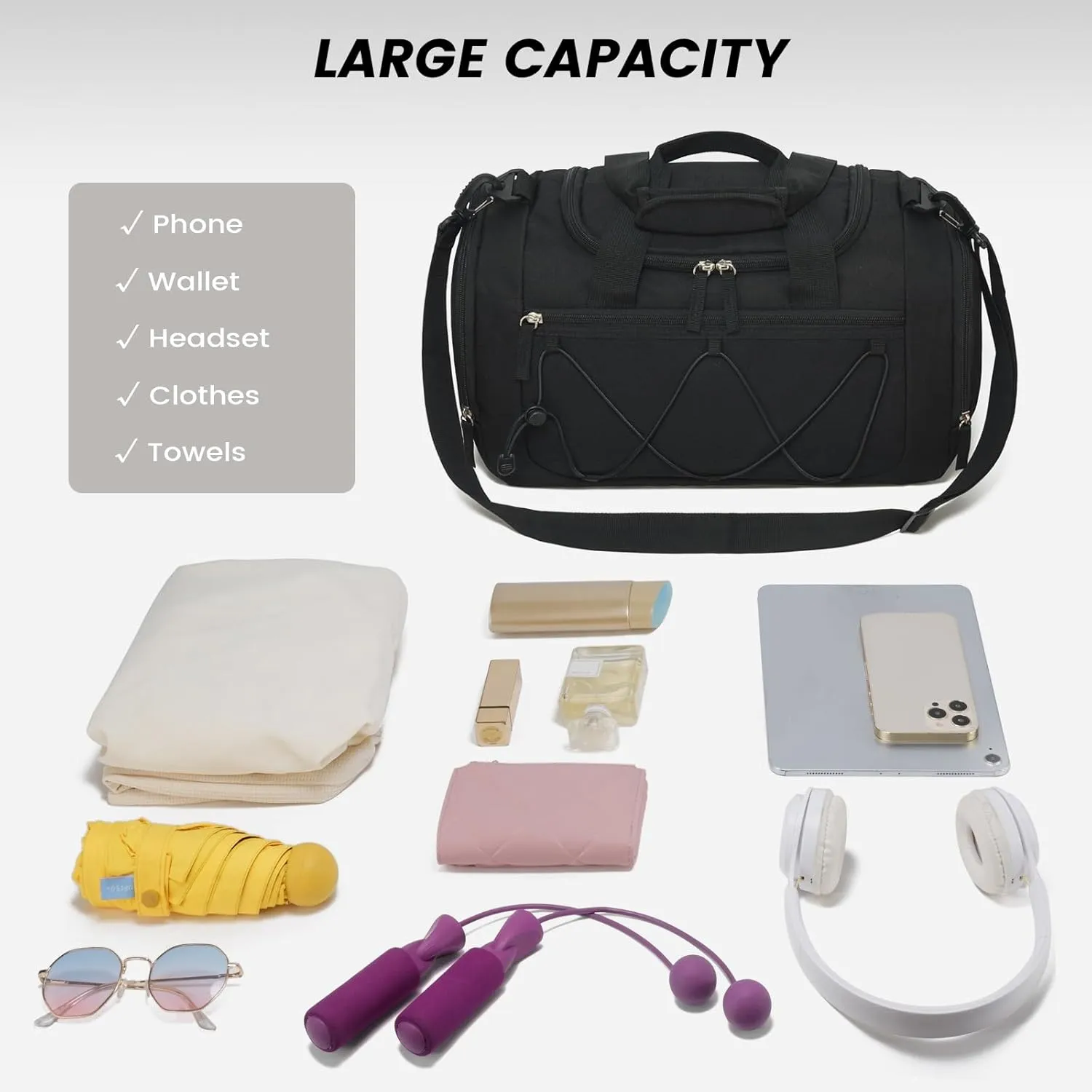 Vorspack Gym Bag for Women - 15 Inches Small Duffle Bag for Travel Lightweight Duffel Bag Personal Item Travel Bag Weekender Bag for Travel Sports Gym - Black