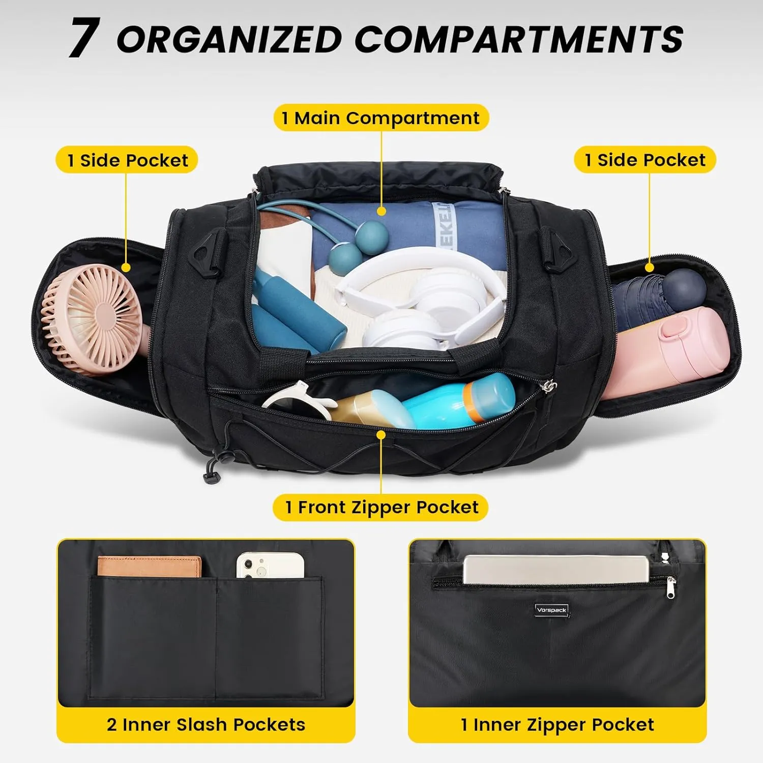 Vorspack Gym Bag for Women - 15 Inches Small Duffle Bag for Travel Lightweight Duffel Bag Personal Item Travel Bag Weekender Bag for Travel Sports Gym - Black
