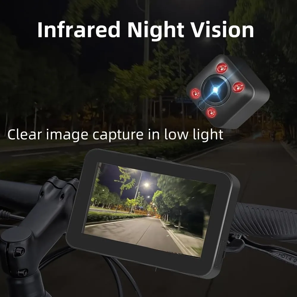 VSYSTO Bicycle Rear View Camera, Waterproof Bike Mirror Camera with 4.3 Inches HD Display Screen, GPS, Wired Controller, Infrared Night Vision Lens, Temperature and Calorie Display, Loop Recording