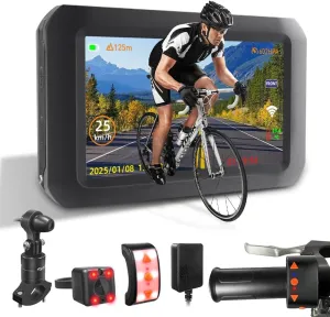 VSYSTO Bicycle Rear View Camera, WiFi GPS 4 Inch Screen HD 1080P Selfie and Rear Camera Waterproof Handlebar Wired Controller Bike Mirror, Assisted Driving Mode, Temperature and Calorie Display (F3)
