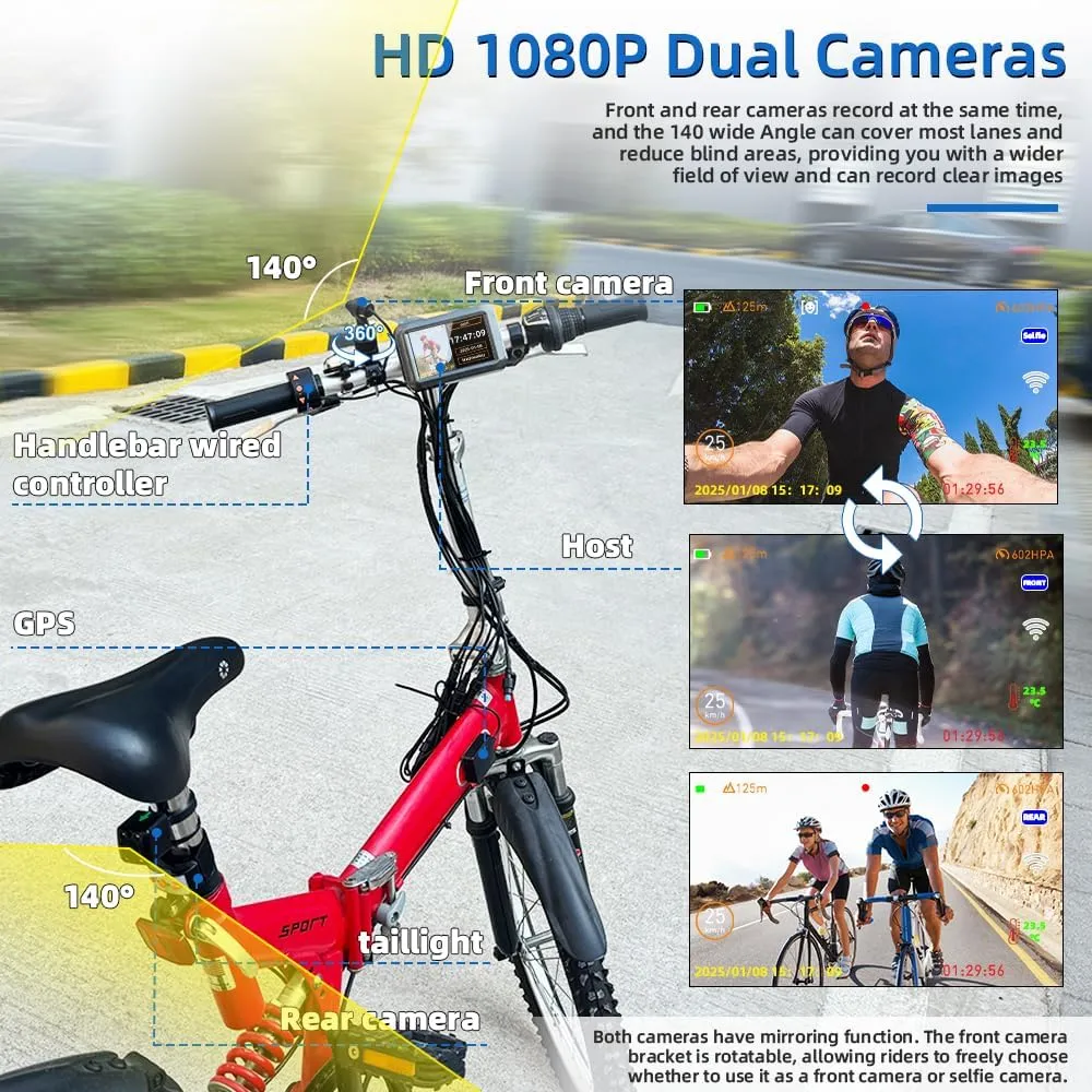 VSYSTO Bicycle Rear View Camera, WiFi GPS 4 Inch Screen HD 1080P Selfie and Rear Camera Waterproof Handlebar Wired Controller Bike Mirror, Assisted Driving Mode, Temperature and Calorie Display (F3)