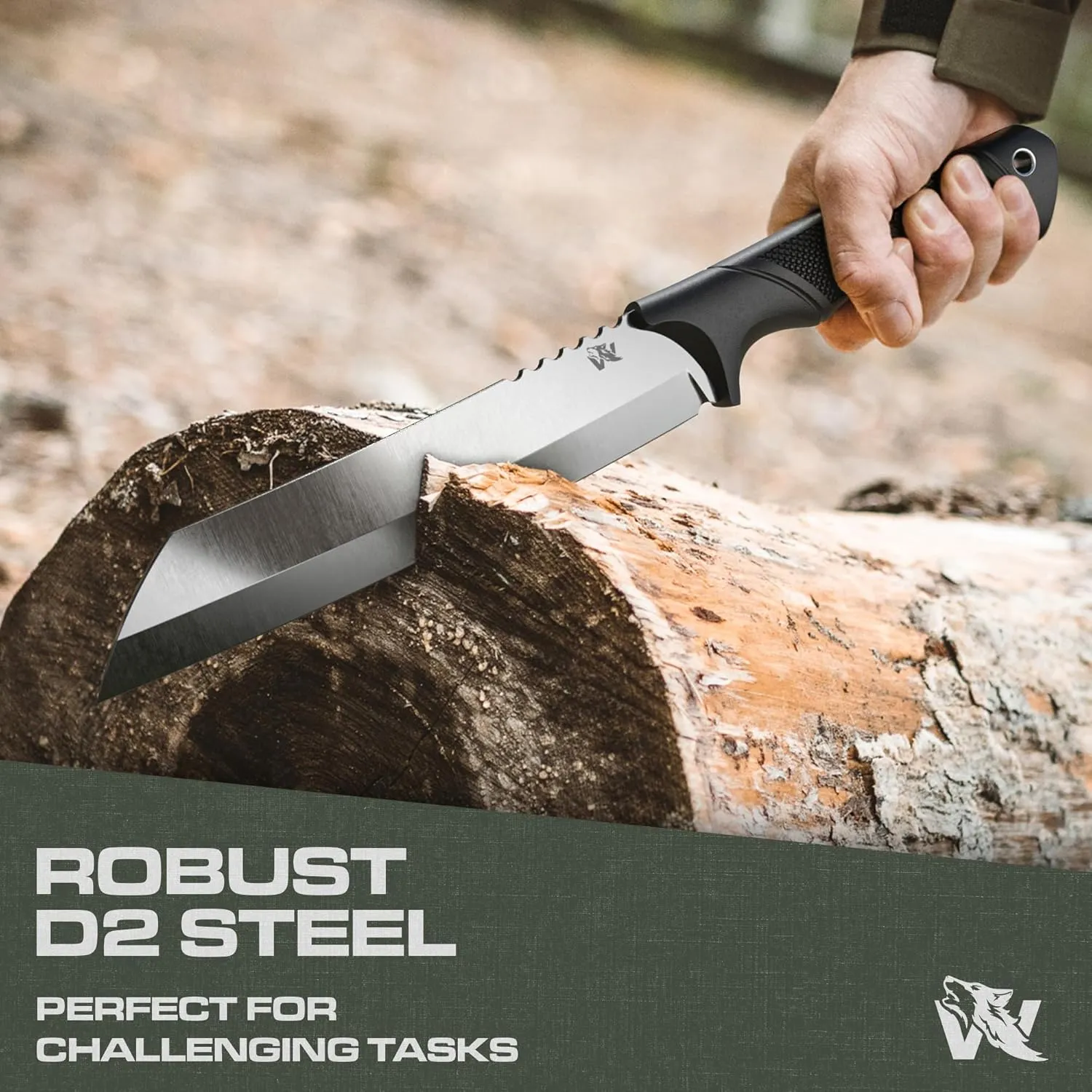 W Machete - Survival Machete Full Tang with Sheath - Strong D2 Steel Knife Machete for Cutting Trees, for Yard Work, and for Bushcrafting and Big Tactical Knife with TPE-Handle