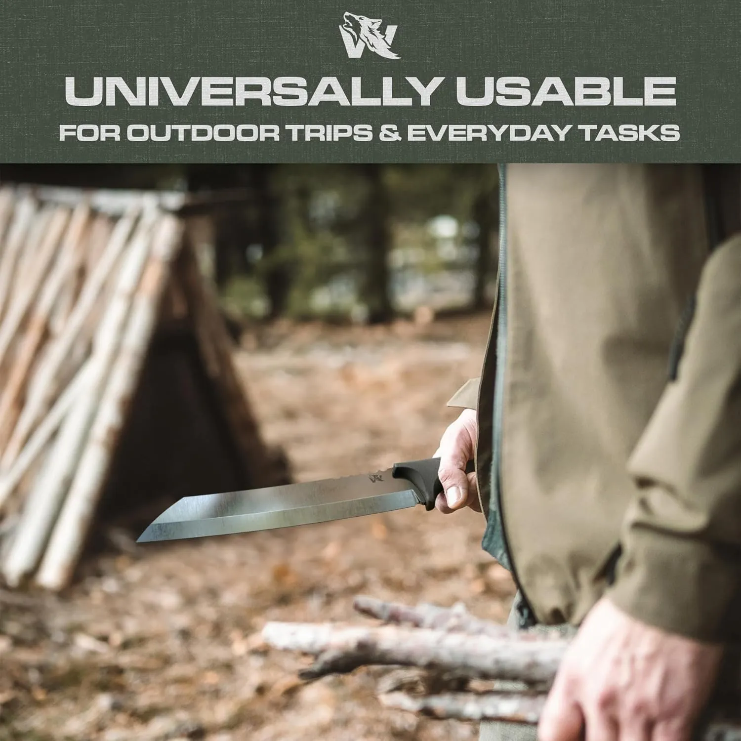 W Machete - Survival Machete Full Tang with Sheath - Strong D2 Steel Knife Machete for Cutting Trees, for Yard Work, and for Bushcrafting and Big Tactical Knife with TPE-Handle