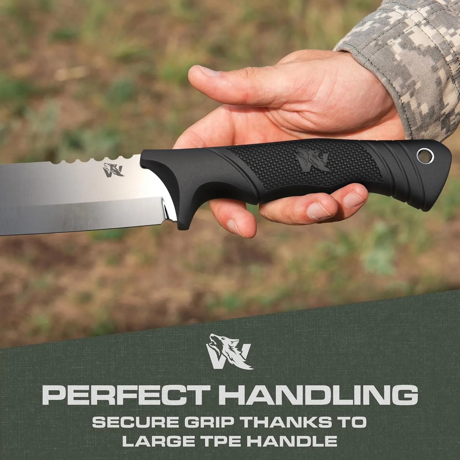 W Machete - Survival Machete Full Tang with Sheath - Strong D2 Steel Knife Machete for Cutting Trees, for Yard Work, and for Bushcrafting and Big Tactical Knife with TPE-Handle