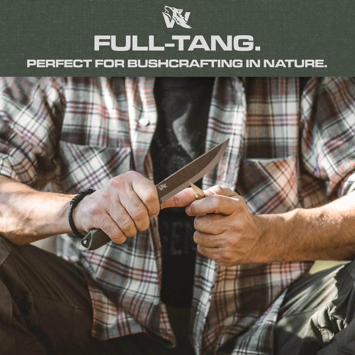 W-SCANDI Full Tang Survival Knife with Sheath - Stylish Tactical Fixed Blade - Made of D2 Steel - Bushcraft and Camping Knife Survival - Perfect EDC Hunting Knife with TPE Handle