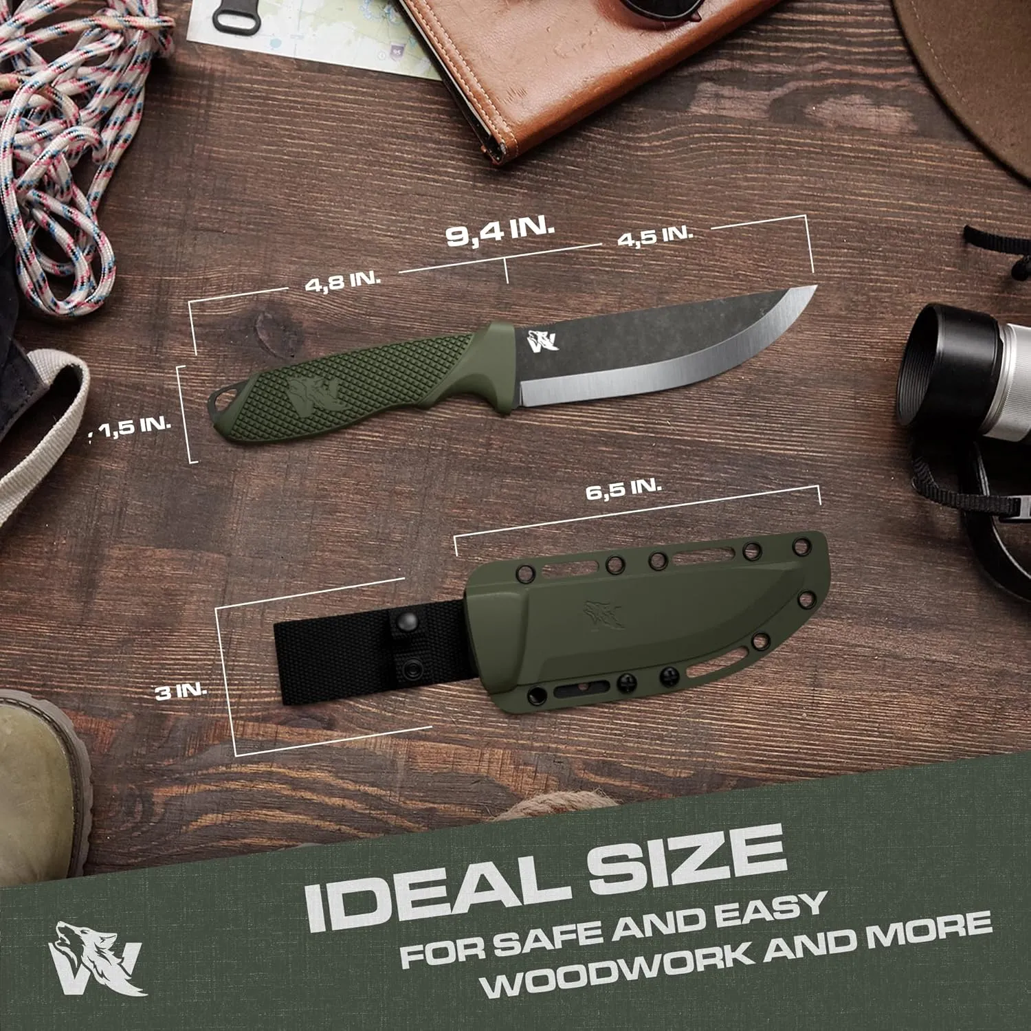 W-SCANDI Full Tang Survival Knife with Sheath - Stylish Tactical Fixed Blade - Made of D2 Steel - Bushcraft and Camping Knife Survival - Perfect EDC Hunting Knife with TPE Handle