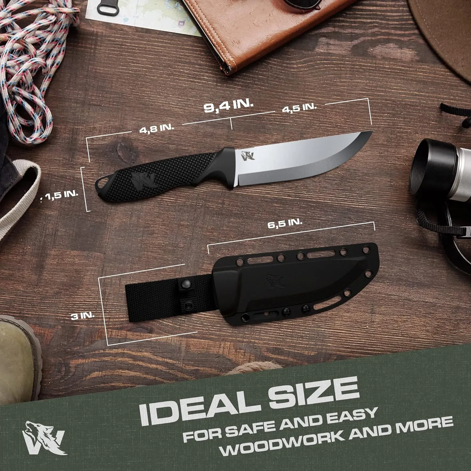 W-SCANDI Full Tang Survival Knife with Sheath - Stylish Tactical Fixed Blade - Made of D2 Steel - Bushcraft and Camping Knife Survival - Perfect EDC Hunting Knife with TPE Handle