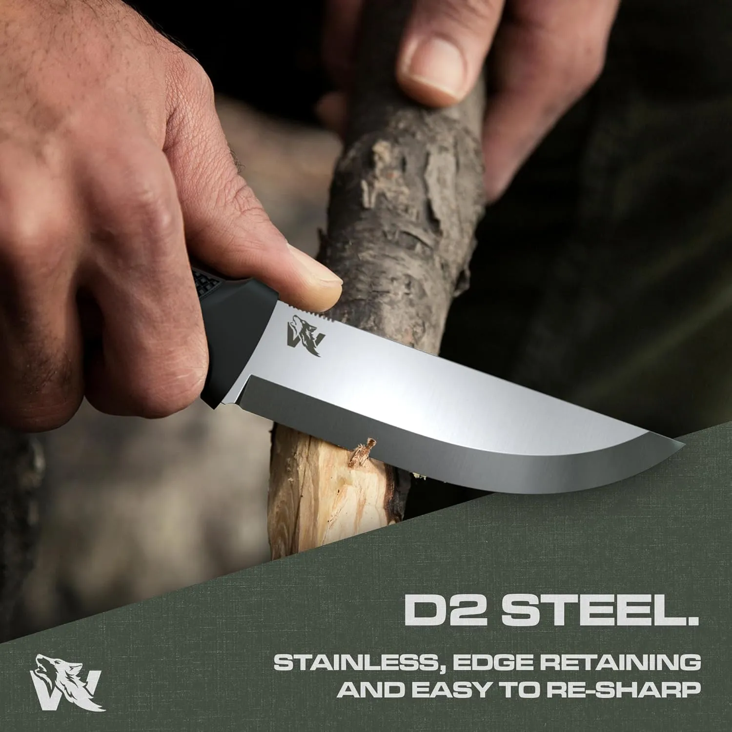 W-SCANDI Full Tang Survival Knife with Sheath - Stylish Tactical Fixed Blade - Made of D2 Steel - Bushcraft and Camping Knife Survival - Perfect EDC Hunting Knife with TPE Handle