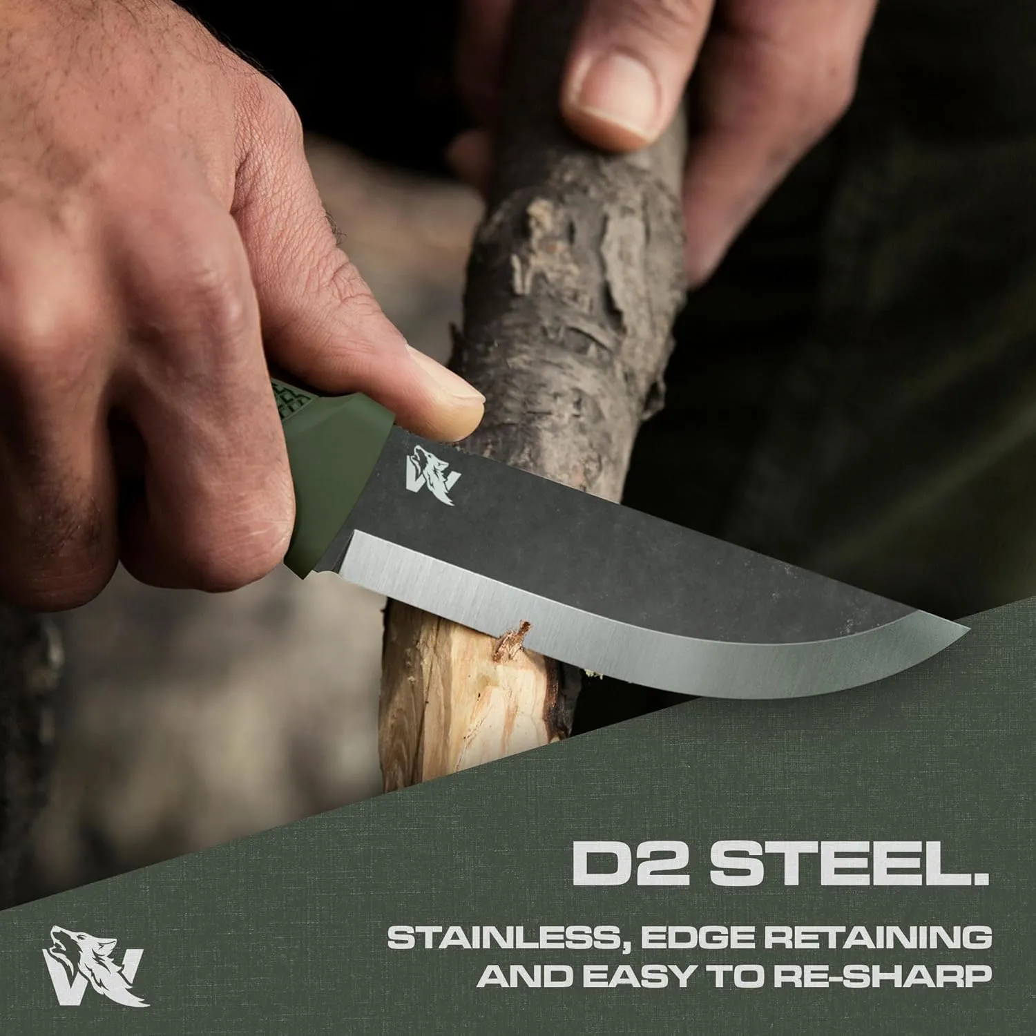 W-SCANDI Full Tang Survival Knife with Sheath - Stylish Tactical Fixed Blade - Made of D2 Steel - Bushcraft and Camping Knife Survival - Perfect EDC Hunting Knife with TPE Handle