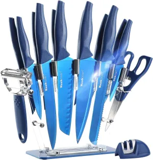 Wanbasion 16pcs Blue Kitchen Knife Set with Block, Stainless Steel Knives Set for Kitchen, Professional Chef Knife Sets for Kitchen with Sharpener Acrylic Block