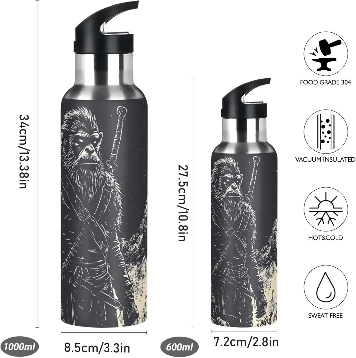 Warrior Sasquatch Print Sports Bottle with Straw and Carry Loop for Gym, Camping, Workout, and Outdoors，Insulated Water Bottle Jug for All Day Hydration 33 OZ