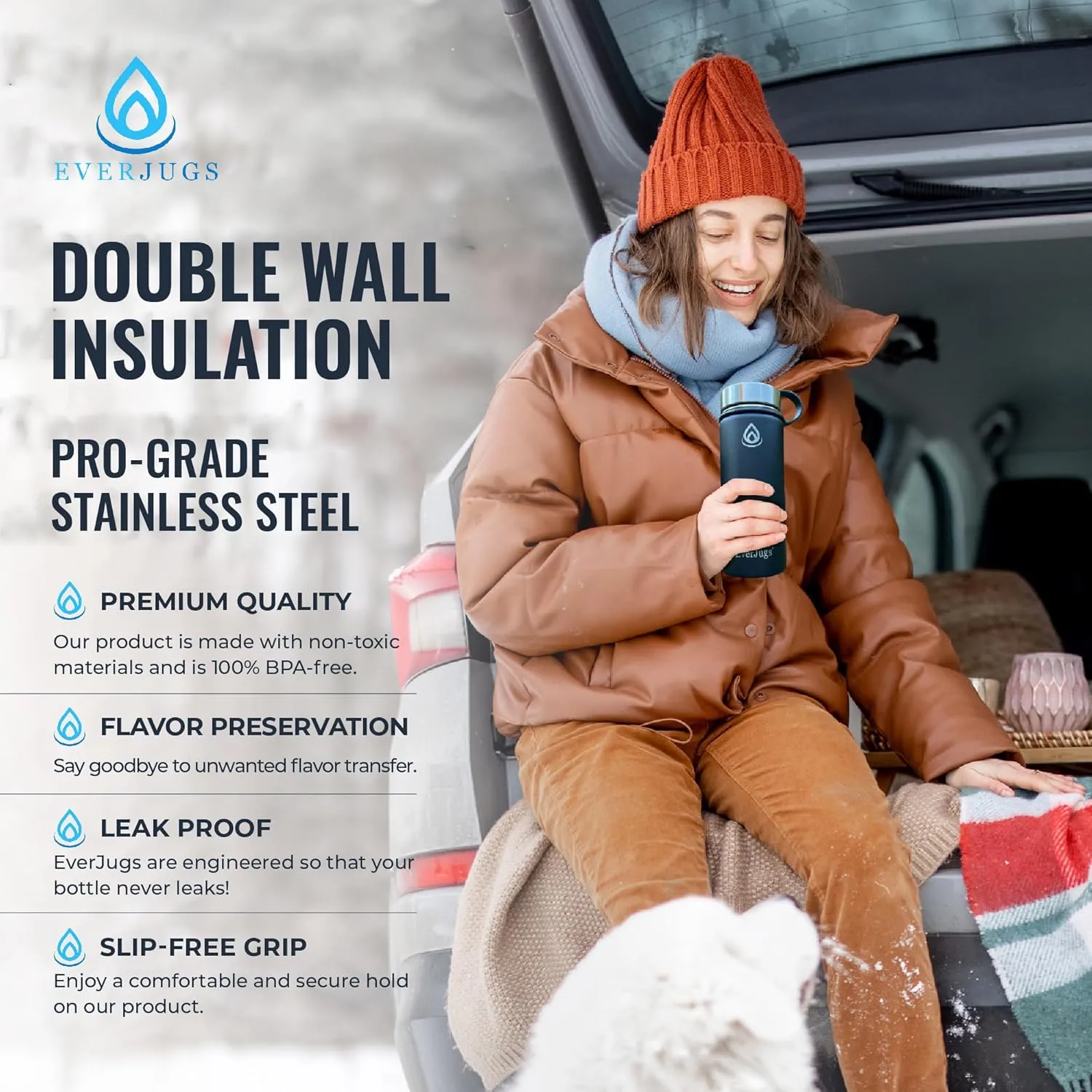 Water Bottle - 22 Oz, Wide Mouth, Premium Stainless Steel Lid/Bottle, Double Walled Vacuum Insulated, Thermo Mug, Metal Flask, Leak Proof, Eco-Friendly