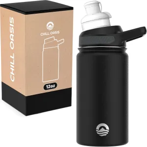 Water Bottle | Compatible With Popular Flavor Cartridges | BPA Free, Leak Proof, Double-Walled Vacuum Insulated Stainless Steel, and Dishwasher Safe | Cold for 24 Hours (Black, 12oz)