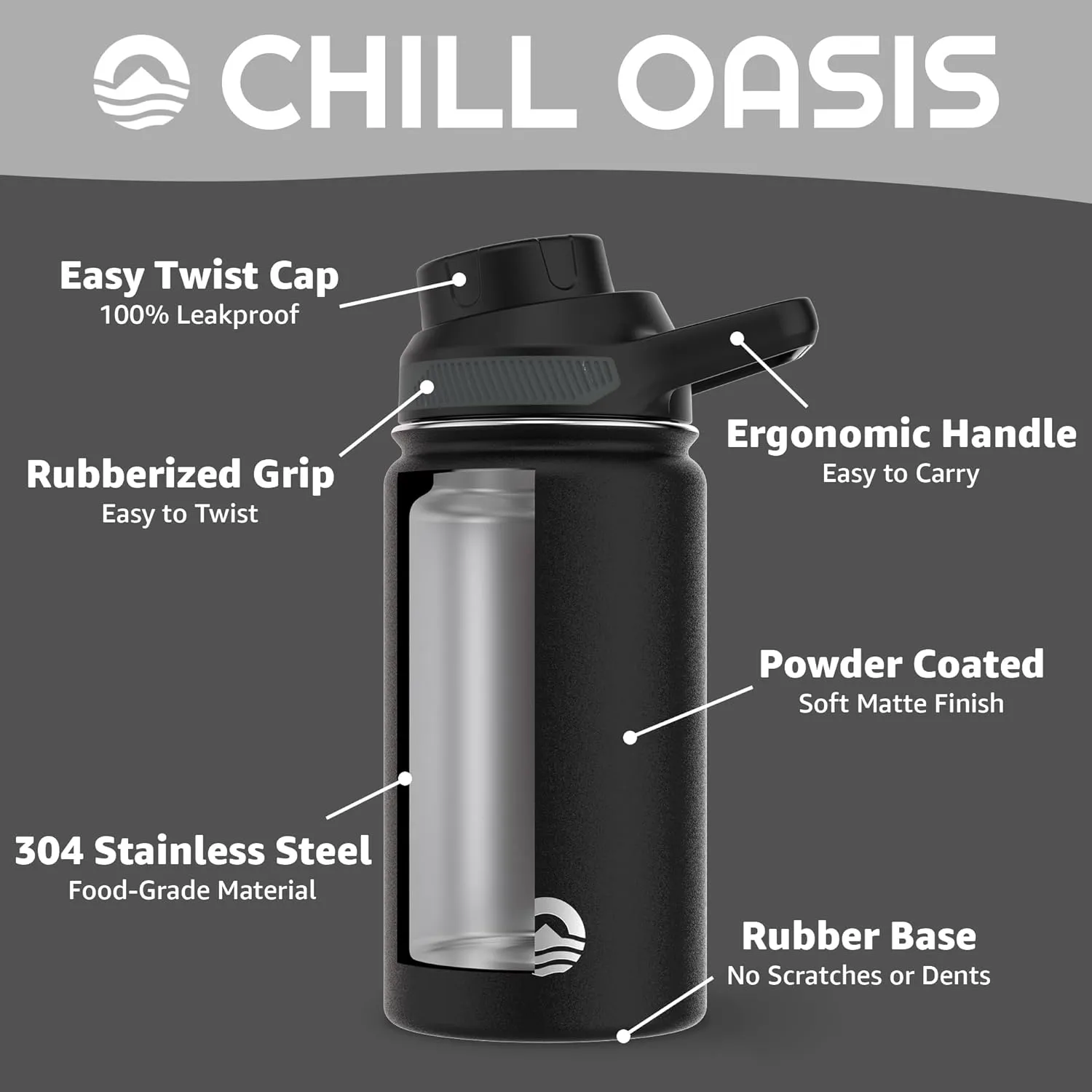 Water Bottle | Compatible With Popular Flavor Cartridges | BPA Free, Leak Proof, Double-Walled Vacuum Insulated Stainless Steel, and Dishwasher Safe | Cold for 24 Hours (Black, 12oz)