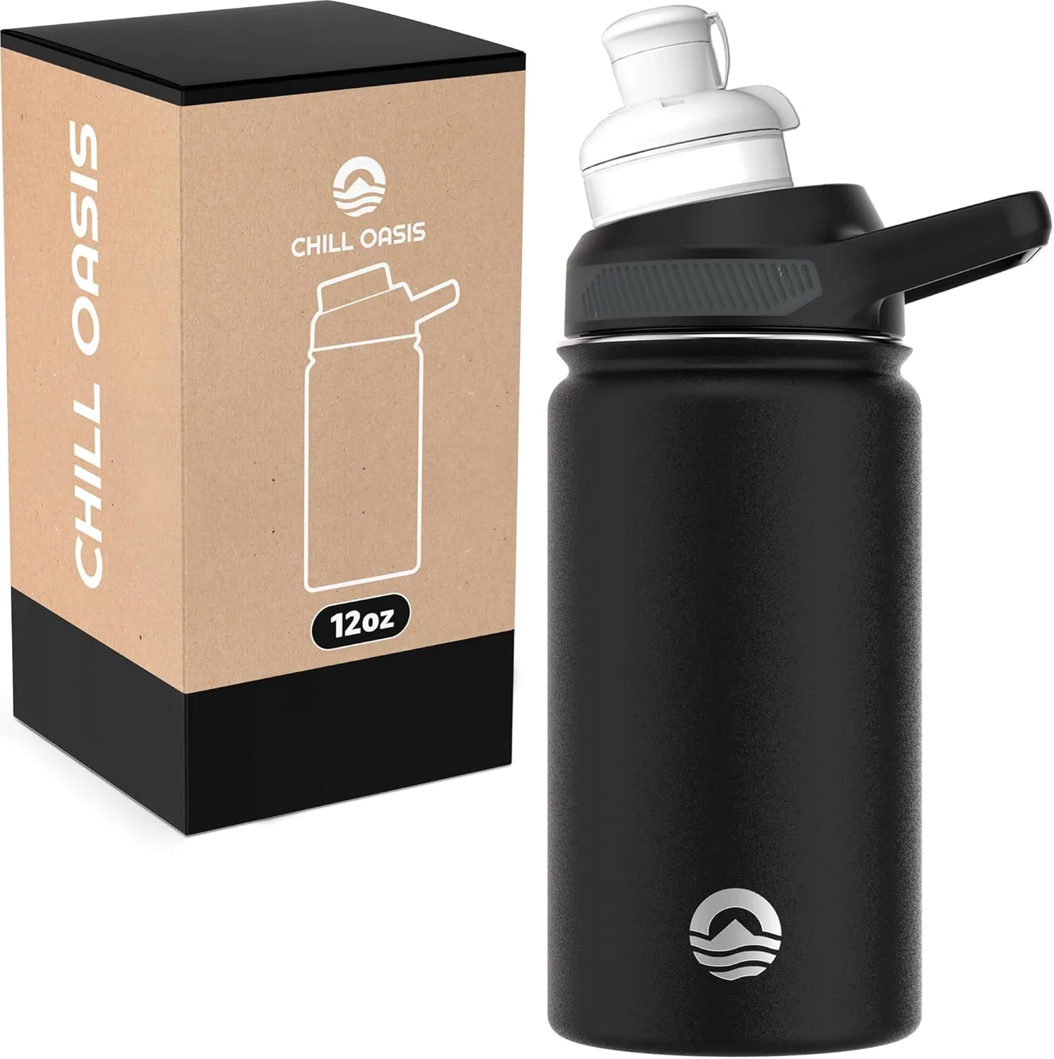 Water Bottle | Compatible With Popular Flavor Cartridges | BPA Free, Leak Proof, Double-Walled Vacuum Insulated Stainless Steel, and Dishwasher Safe | Cold for 24 Hours (Black, 12oz)