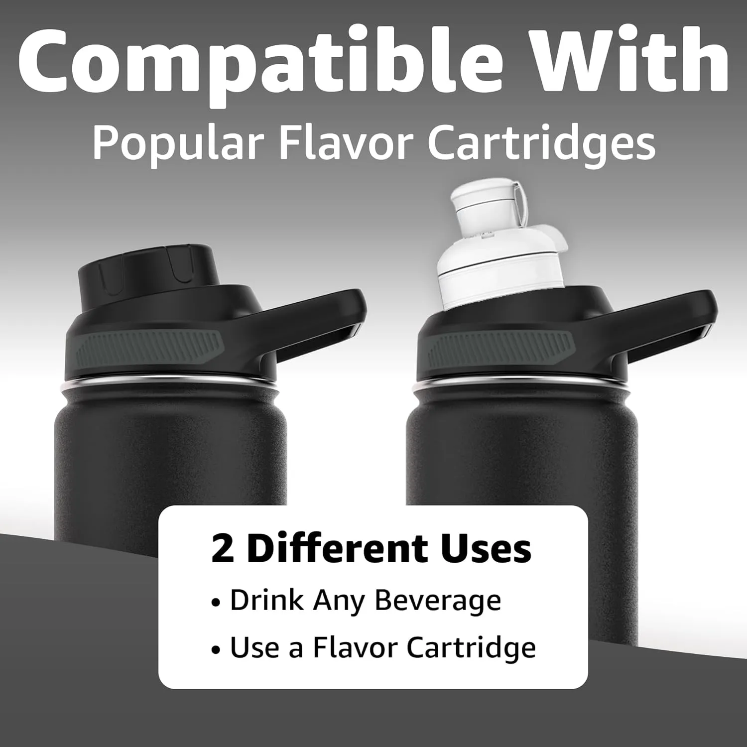Water Bottle | Compatible With Popular Flavor Cartridges | BPA Free, Leak Proof, Double-Walled Vacuum Insulated Stainless Steel, and Dishwasher Safe | Cold for 24 Hours (Black, 12oz)